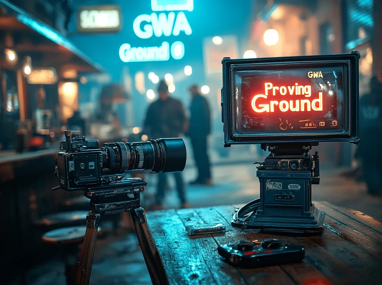 Professional film camera and monitor on tripod displaying "Proving Ground" neon sign, with nighttime street scene and GWA signage blurred in background.