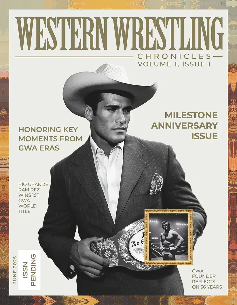 Man in cowboy hat and pinstriped suit holding ornate wrestling championship belt, posed against western-themed background.