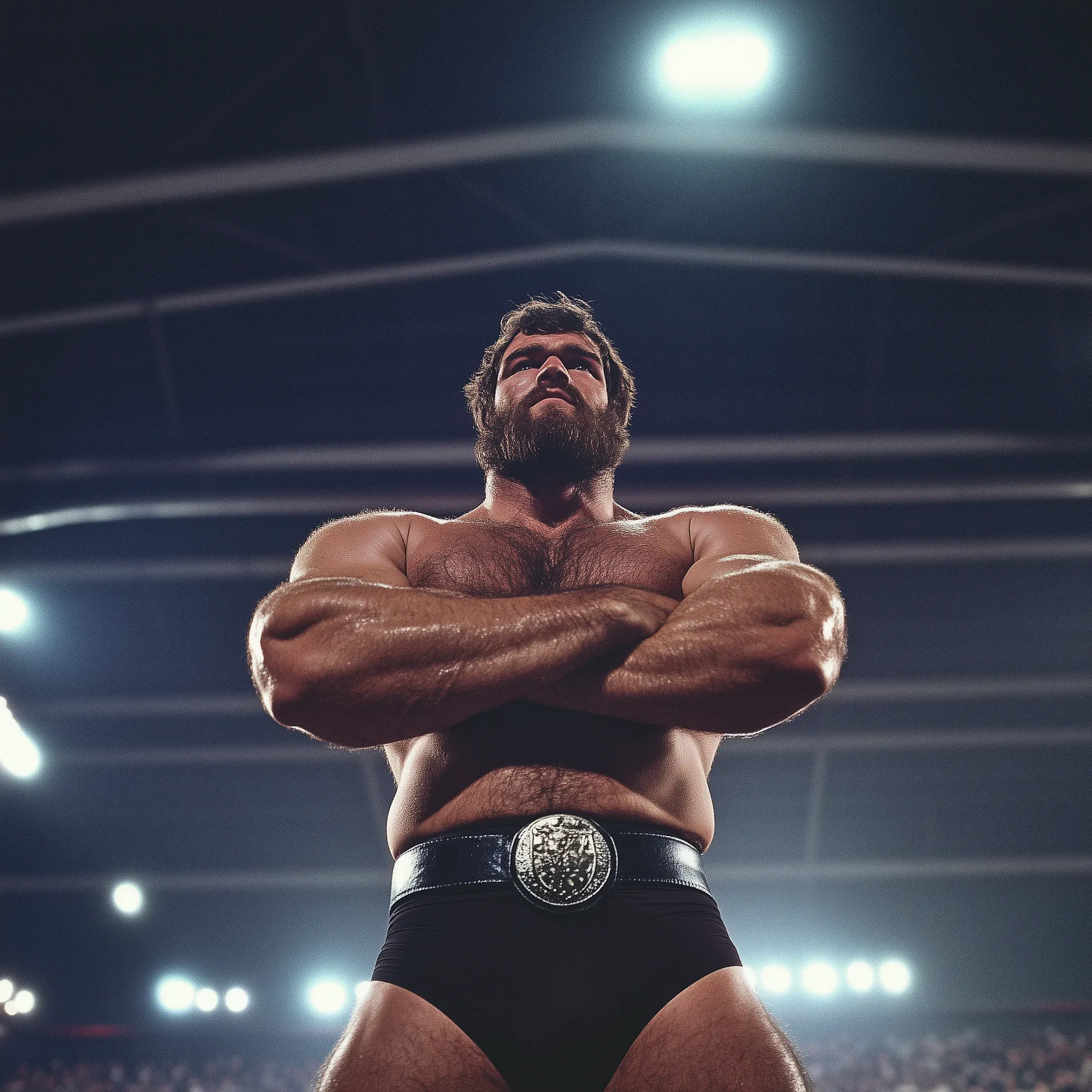 Nikolai Gregorovich stands shirtless in a wrestling ring with arms crossed, wearing a ornate championship belt and black wrestling trunks, looking upward under arena lights.