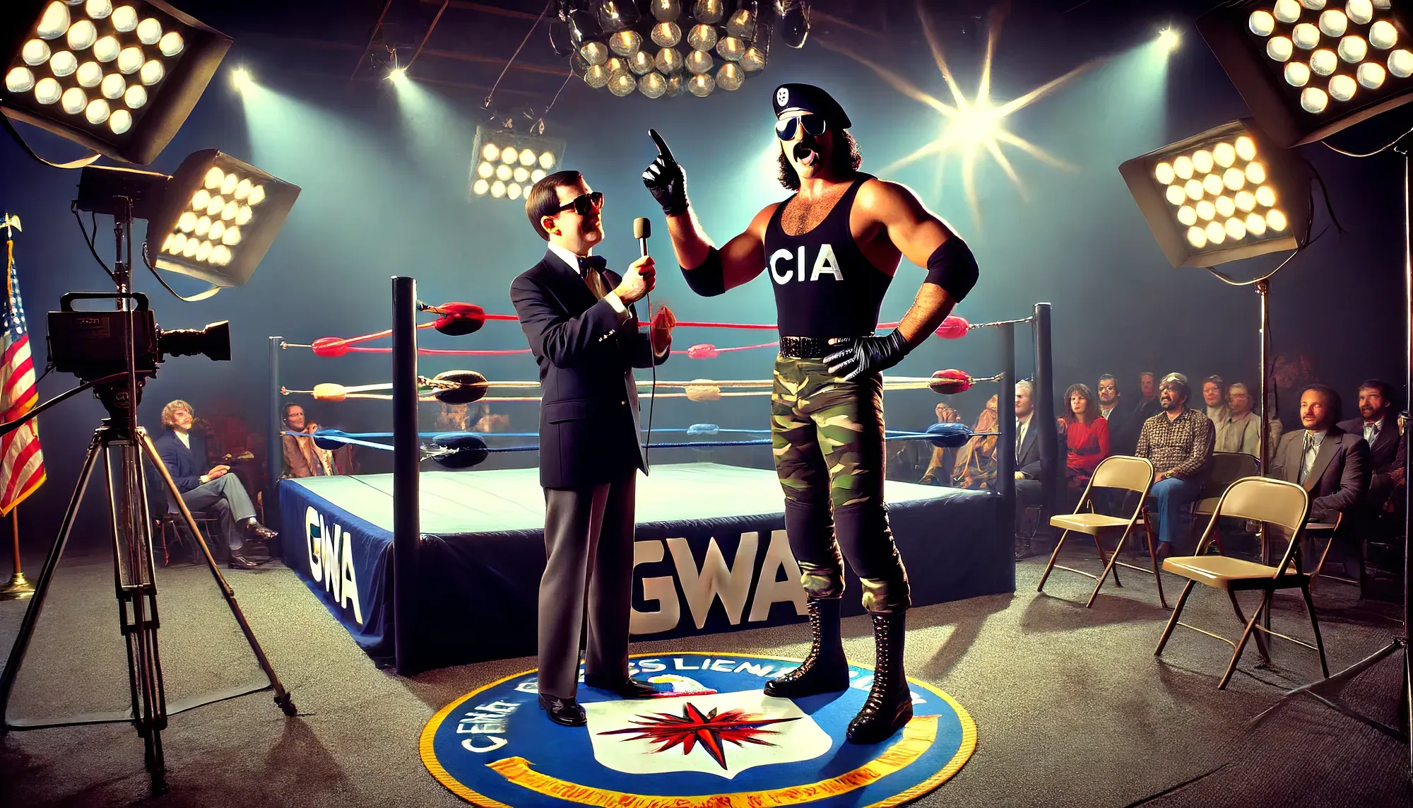 Spike Striker in CIA-branded wrestling attire stands in a boxing ring during a GWA broadcast, with an announcer and audience visible.
