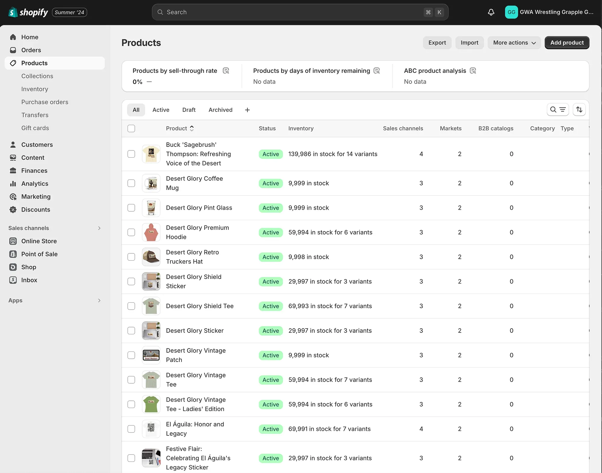 Shopify Products dashboard showing GWA Wrestling merchandise inventory including apparel, stickers, and accessories with active status and stock levels.