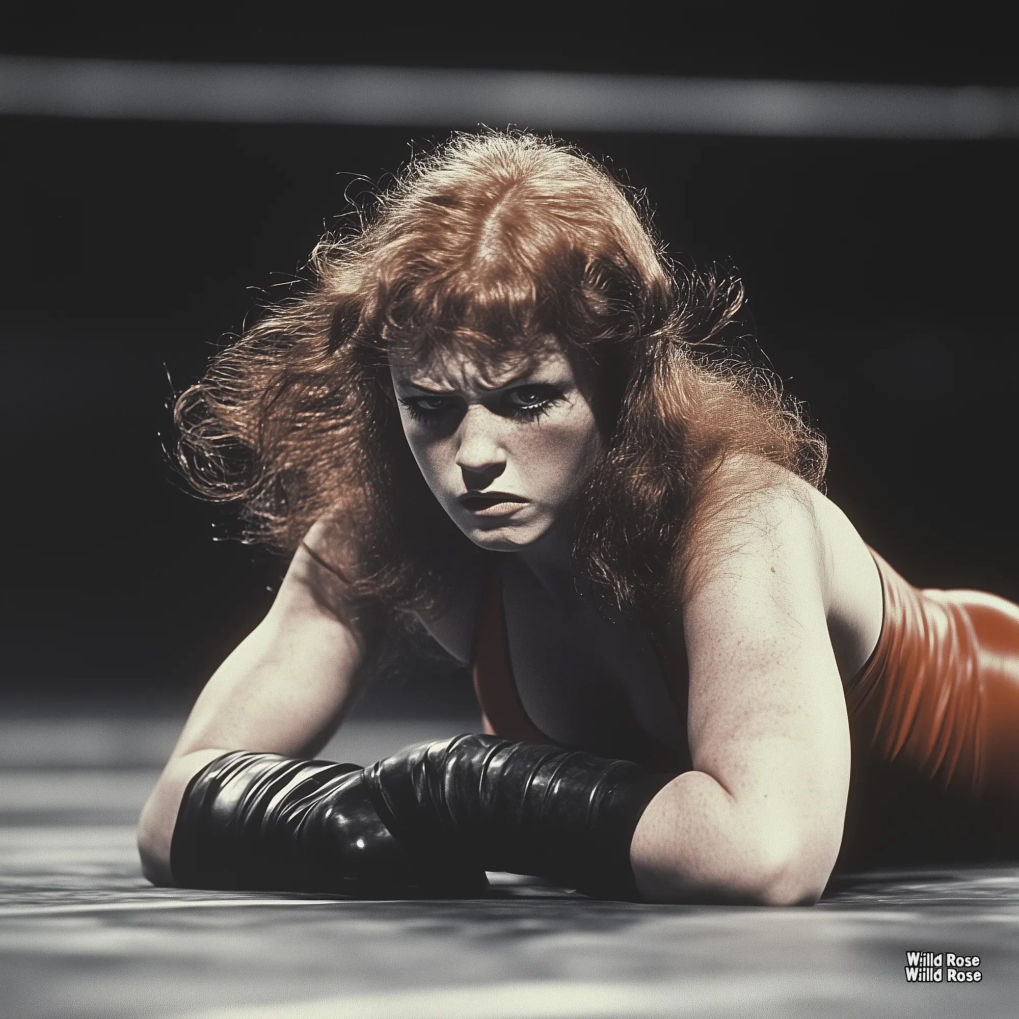 Mary Sullivan in black boxing gloves and orange top, wearing sunglasses, posed on wrestling canvas against dark background.