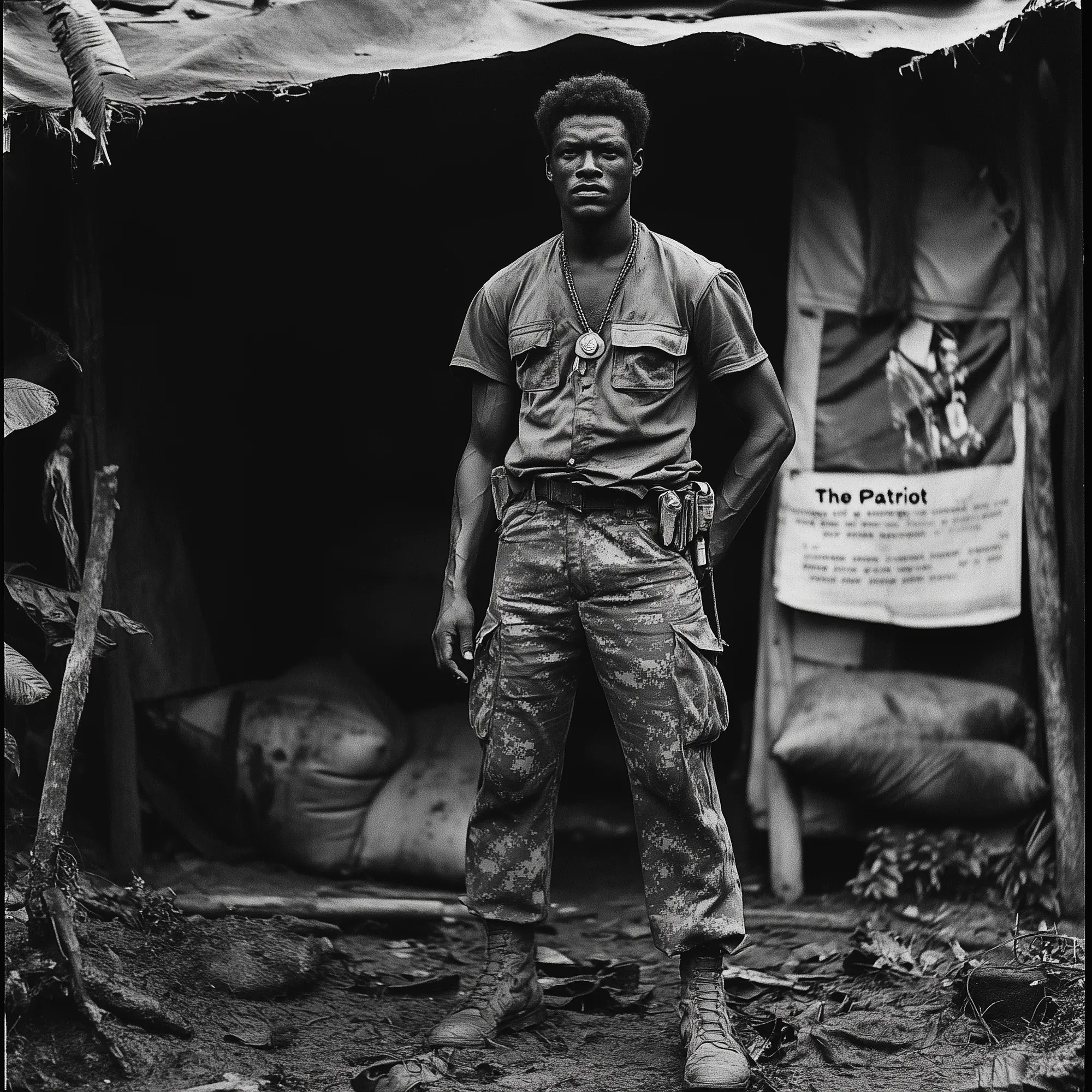 Paul Johnson in military fatigues and chest pendant stands in a bunker setting, with "The Patriot" poster visible behind him.
