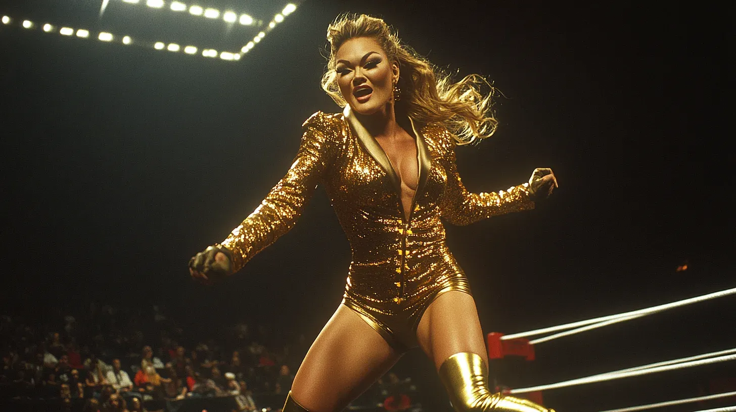 Jen, The Quarterly Crusher, poses in a gold sequined bodysuit and boots under ring lights, with blonde hair swept to the side and arms extended toward the crowd.