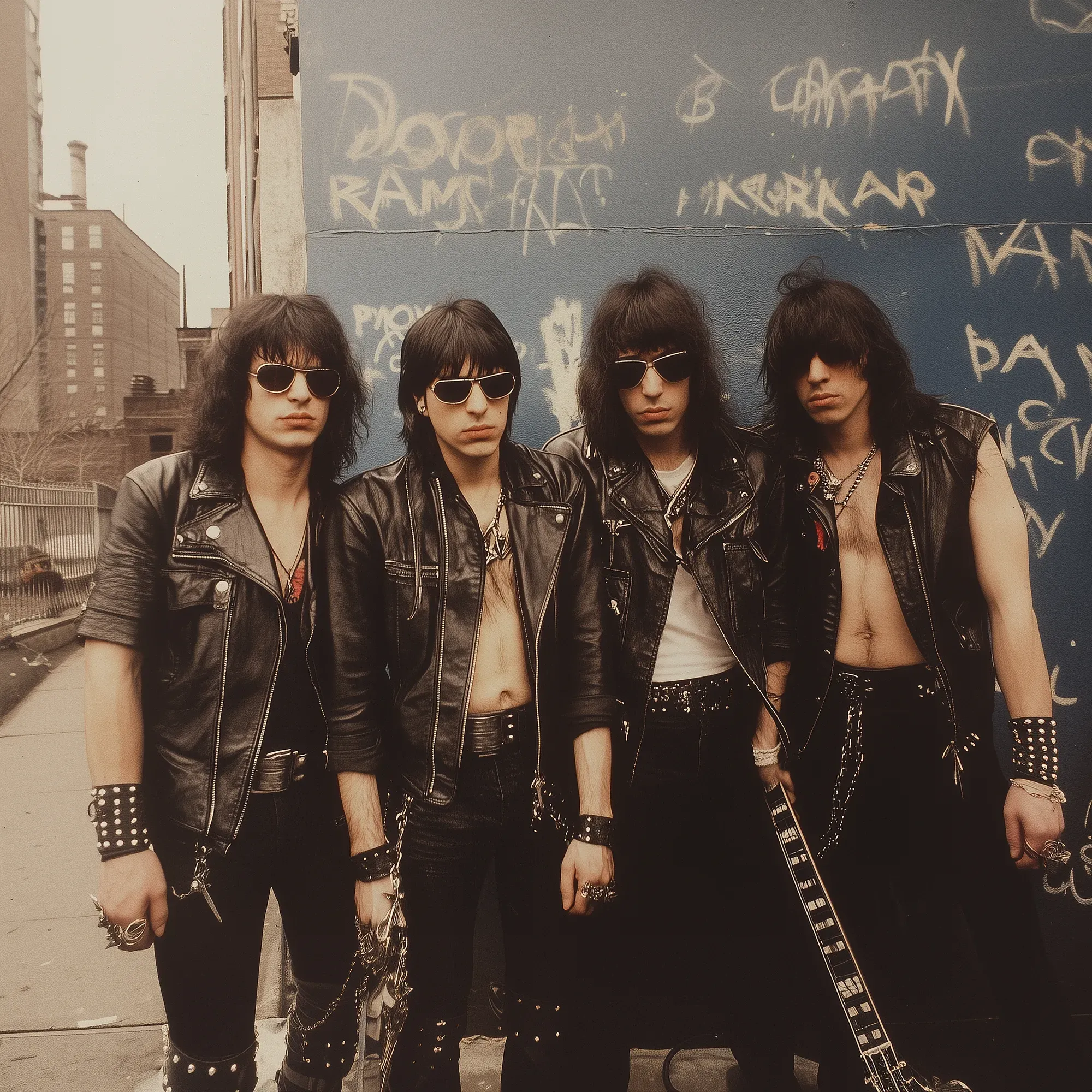 Four members of the Destroyer family in black leather jackets and studded accessories posed against a graffitied wall, 1978.