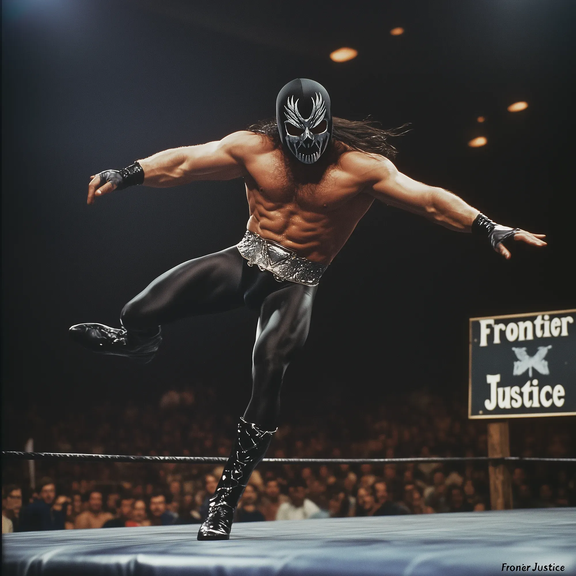 Masked wrestler in black and silver skull mask performs dynamic pose in wrestling ring with "Frontier Justice" sign visible.