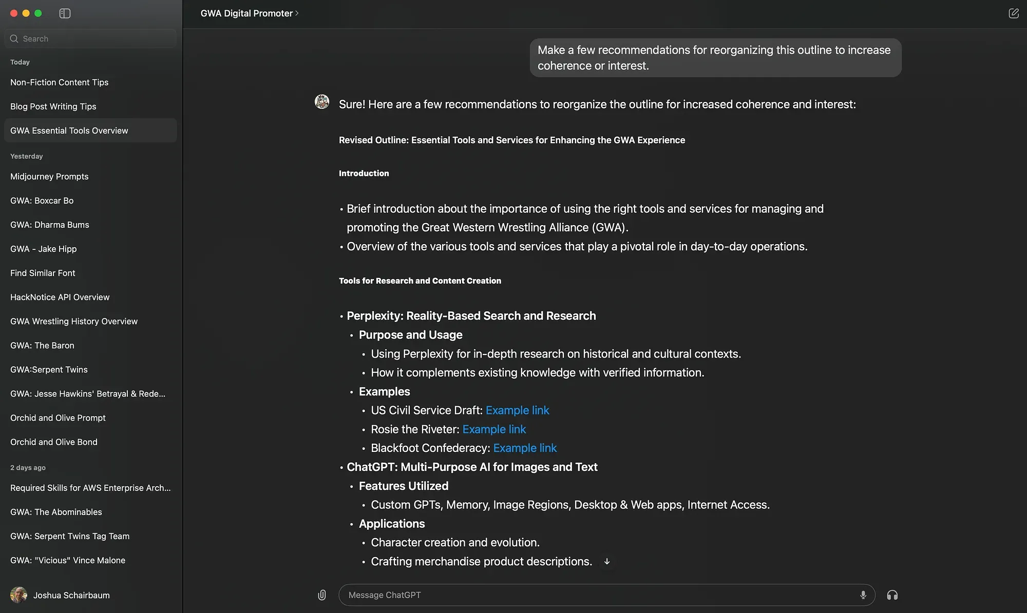 ChatGPT interface displaying a revised outline for GWA Essential Tools and Services on a dark background.