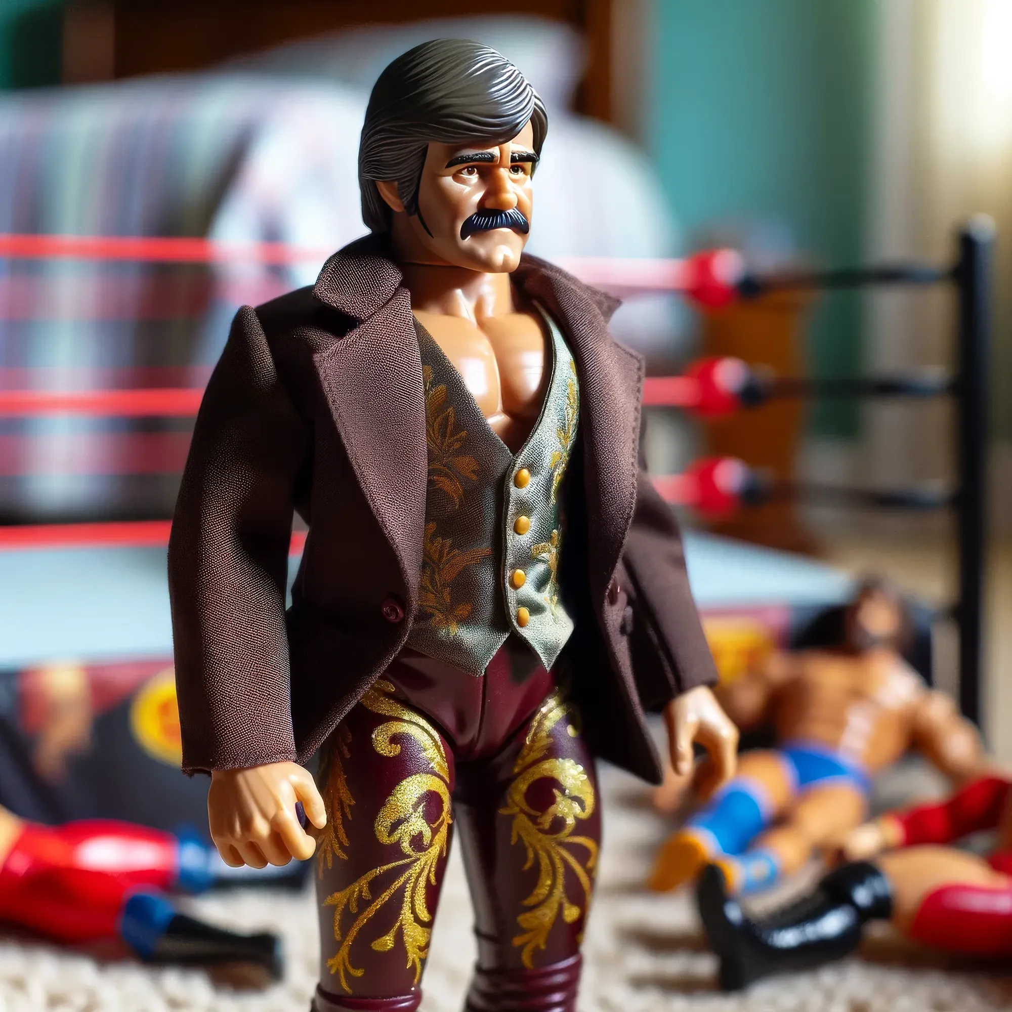"The Gentleman" James Montgomery action figure with black hair, mustache, brown jacket and ornate gold-patterned burgundy pants, posed in a wrestling ring setting.