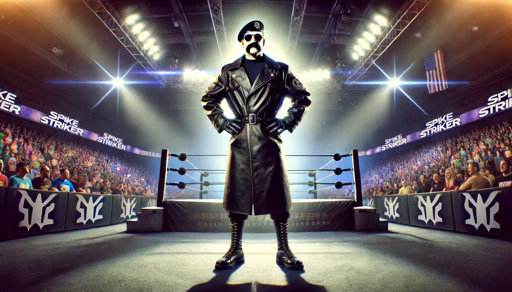 Spike Striker stands in a wrestling ring wearing a black leather duster coat, military beret, and sunglasses, arms crossed in a confident pose before a packed stadium crowd.