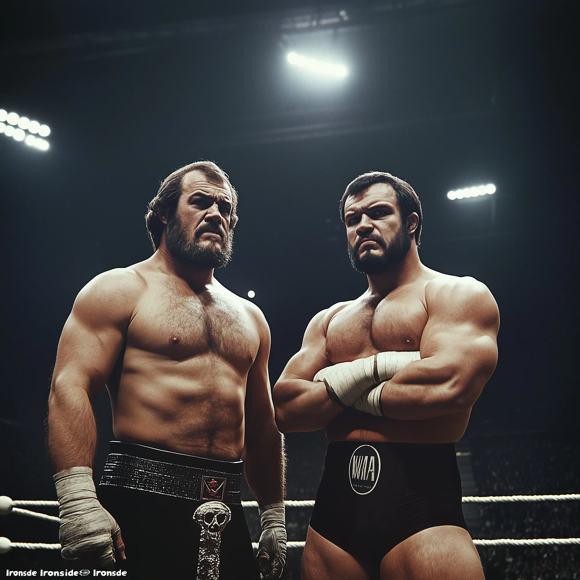 Nikolai Gregorovich stands shirtless in a wrestling ring wearing hand wraps and a championship belt, facing another wrestler under bright arena lights.