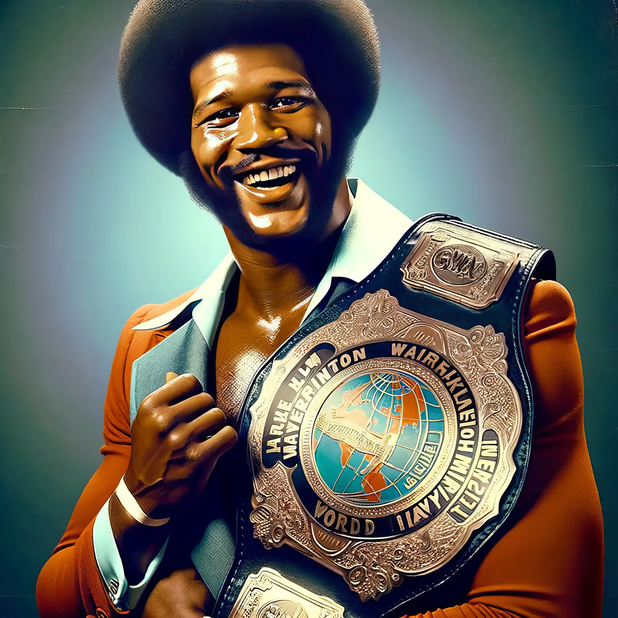"Harlem Hurricane" James Washington smiles while wearing an ornate championship belt over an orange and white shirt against a teal background.