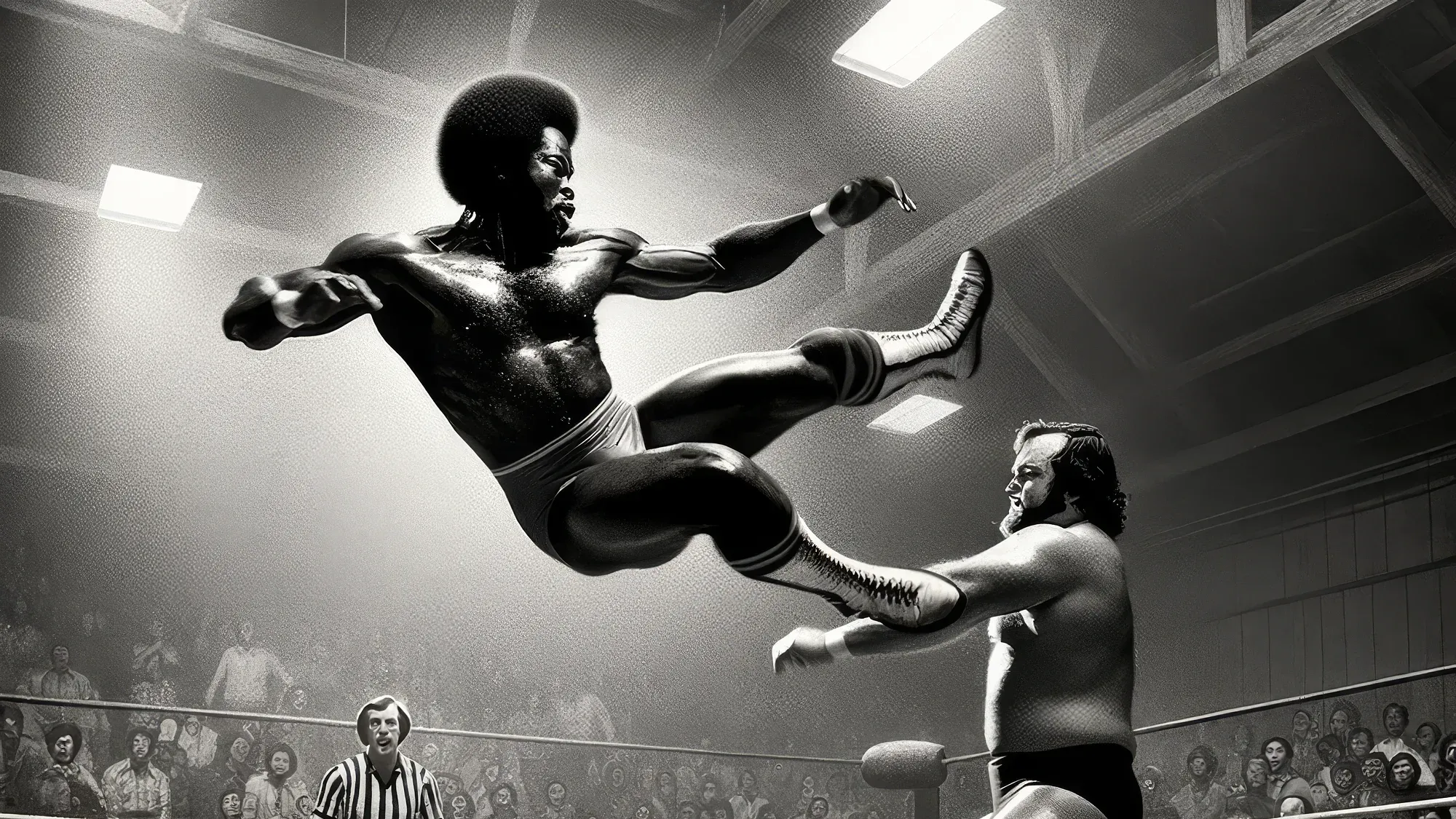 Harlem Hurricane performs a flying kick in a wrestling ring with a referee and crowd visible below in a black and white photograph.