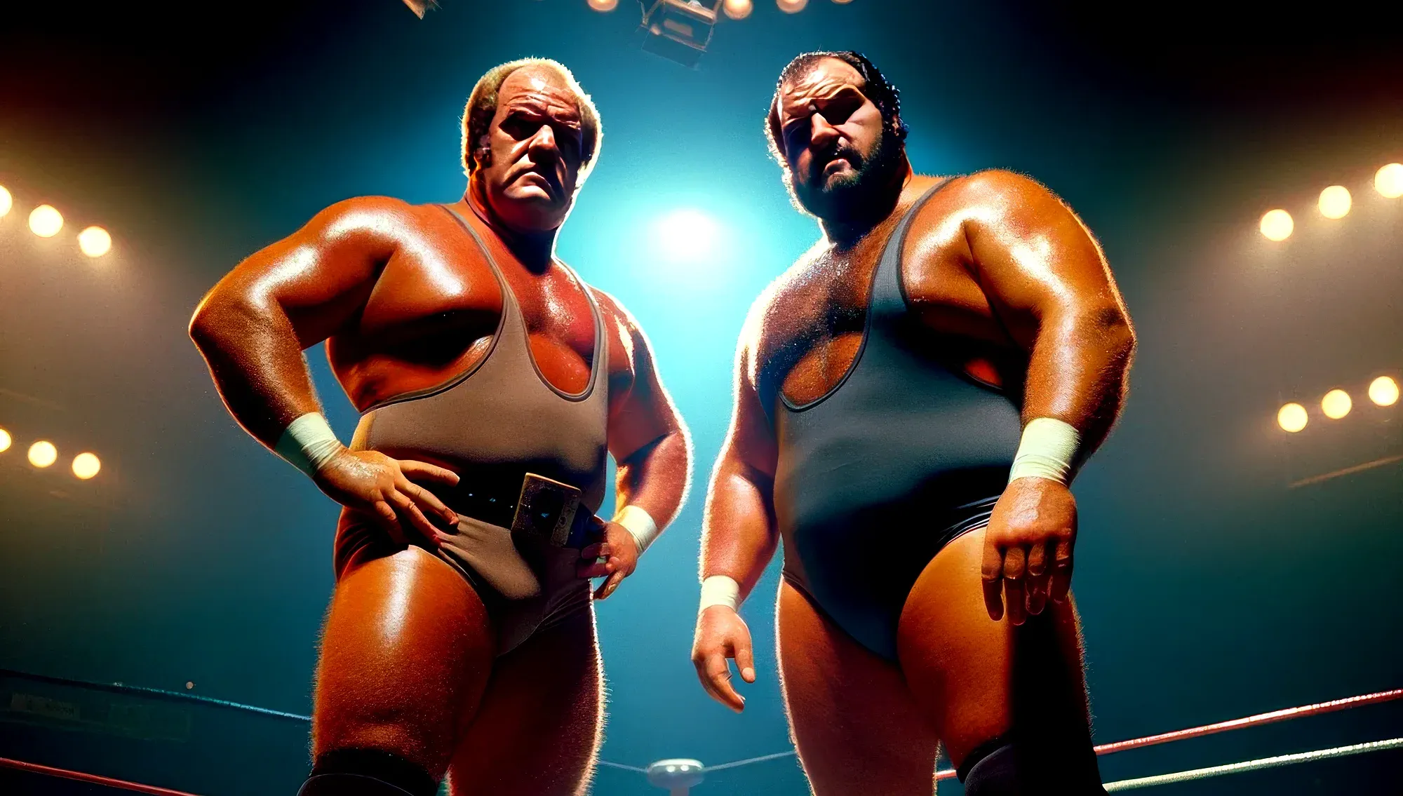 "Steel Hammer" Hank Roberts and opponent stand in wrestling ring under spotlight, both shirtless in wrestling attire with wristbands, circa 1980.