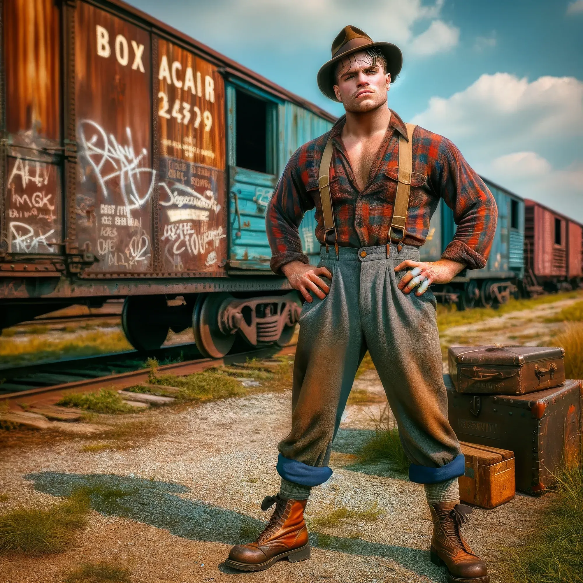 Boxcar Bo Bradley stands with hands on hips wearing a plaid shirt, suspenders, and fedora hat in front of weathered boxcars, vintage suitcases at his feet.