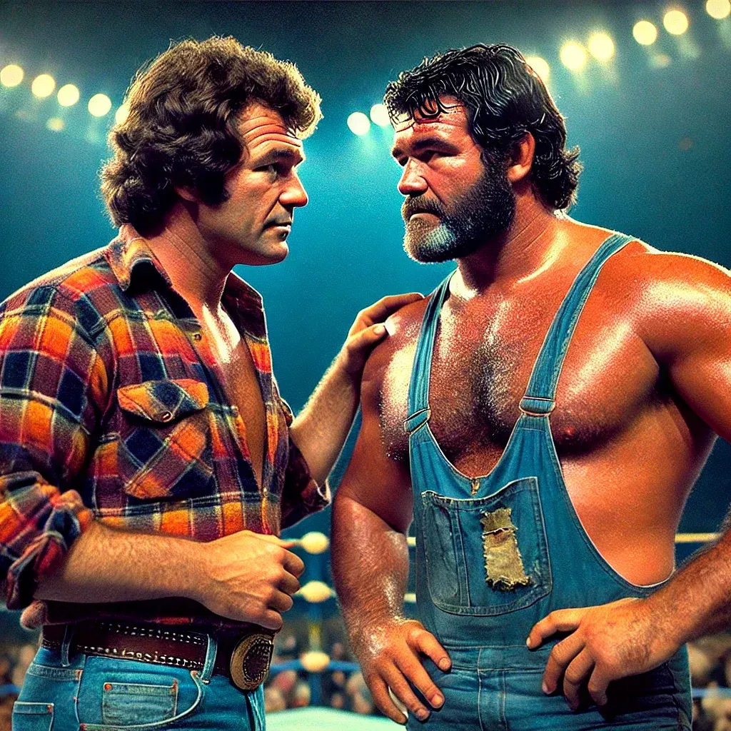 Two wrestlers facing each other in a wrestling ring, one wearing a plaid shirt and belt, the other shirtless in denim overalls, under stage lighting.