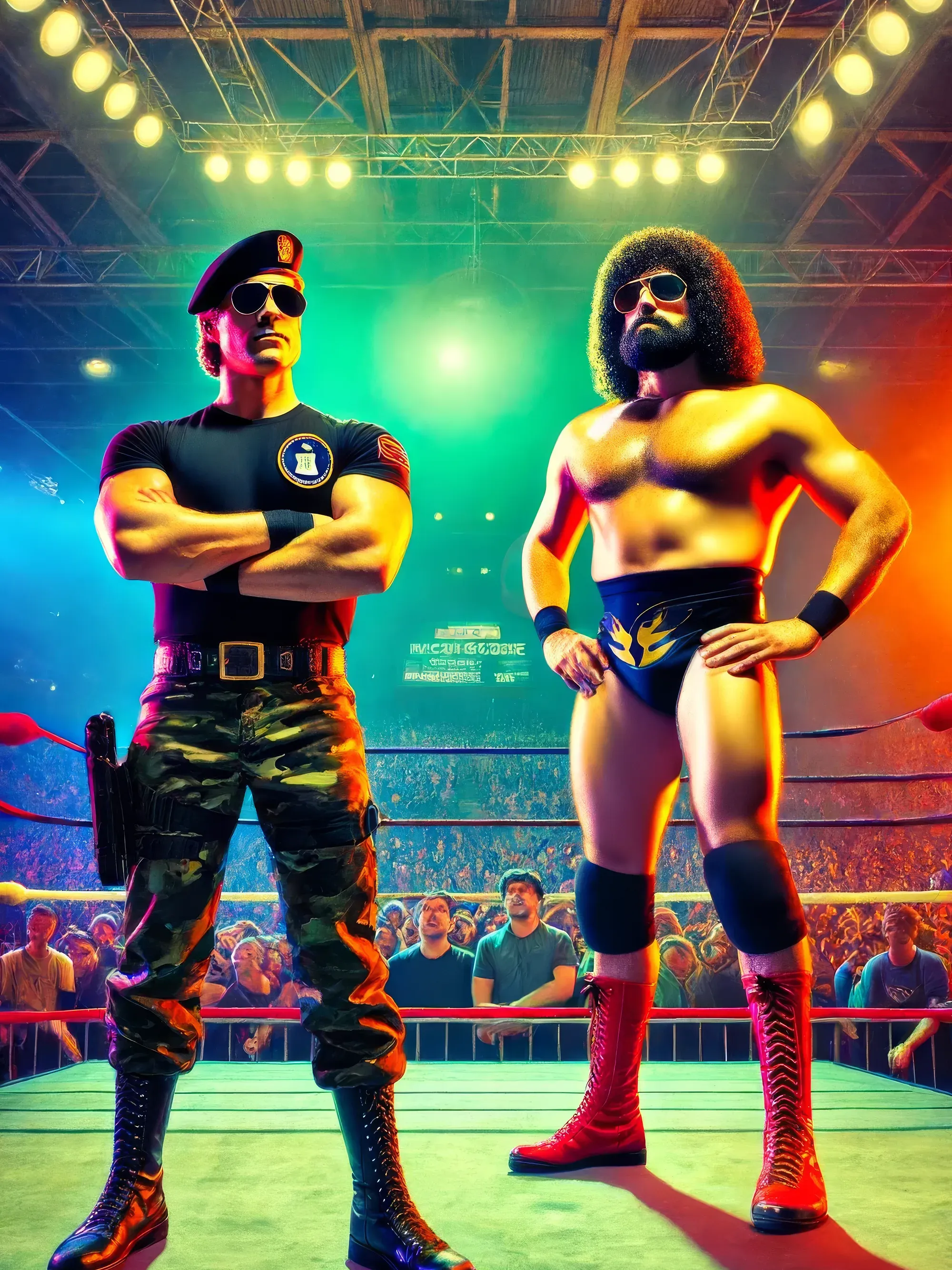 Spike Striker in black shirt and camo pants faces Ironside Ivan shirtless in the wrestling ring under stage lights, 1977.