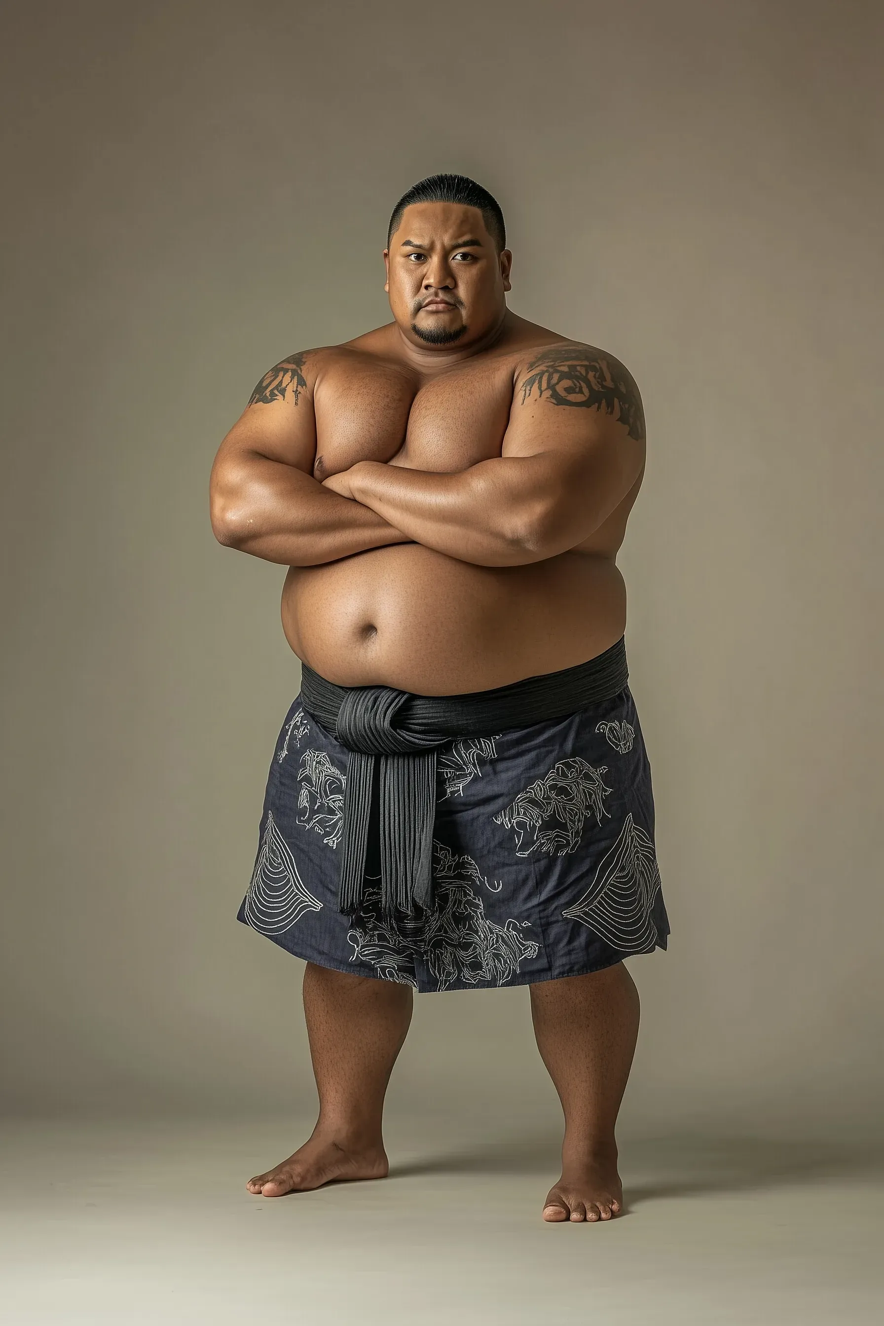 Tsunami Sam stands shirtless with arms crossed, wearing patterned black shorts with a decorative belt, against a neutral background.