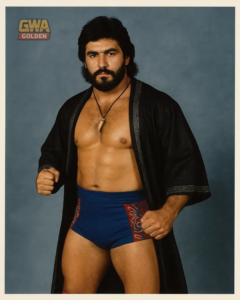 El Cadejo Alejandro Vargas stands shirtless wearing blue and red wrestling trunks and a black robe, with long dark hair and beard against a blue background.