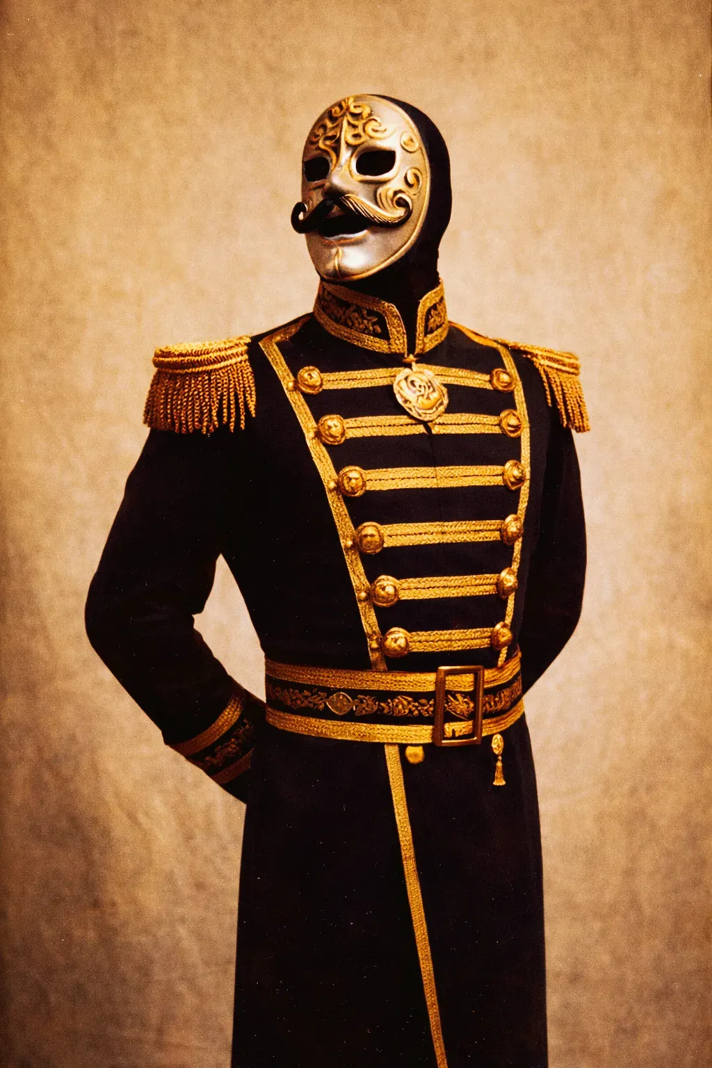 Masked wrestler in black and gold military-style jacket with ornate epaulettes and buttons, standing against tan backdrop.