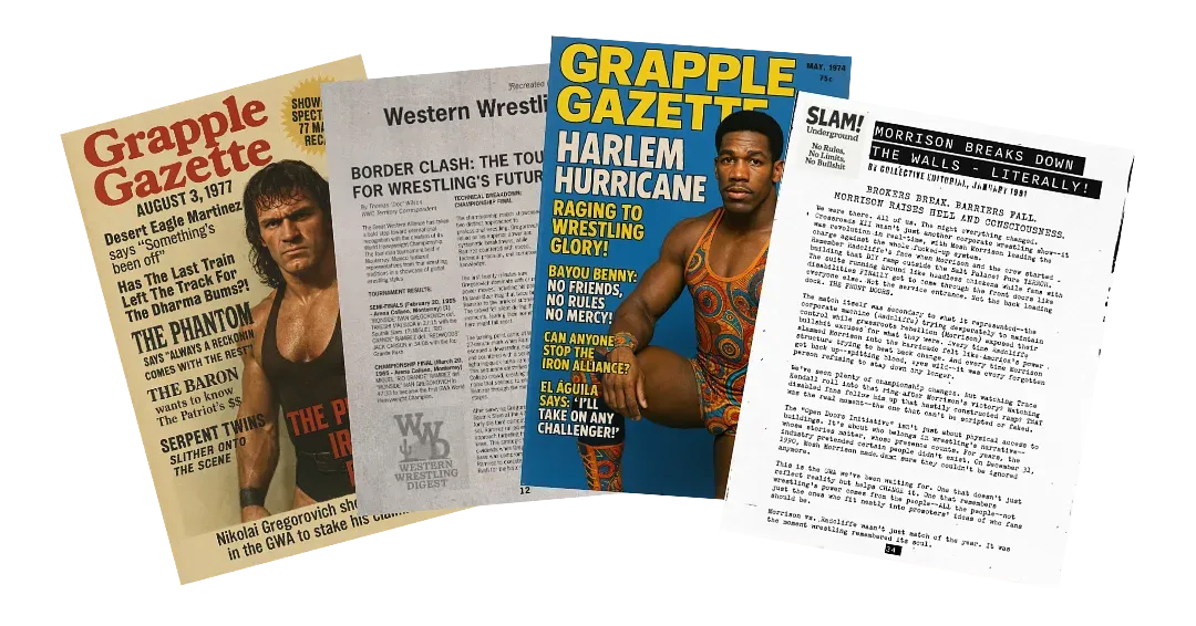 Five vintage GWA wrestling publications from the 1970s-1980s featuring shirtless wrestlers in posed portraits and article spreads.