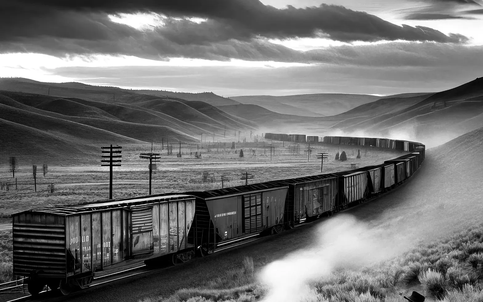 Long freight train curving through misty valley with rolling hills and storm clouds above in black and white.