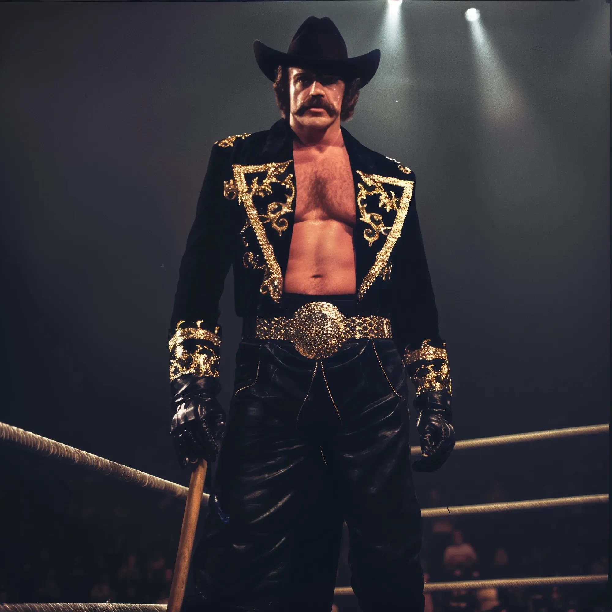 B. Beauregard Blackthorn stands in a wrestling ring wearing a black and gold embroidered jacket, gold studded belt, and cowboy hat.