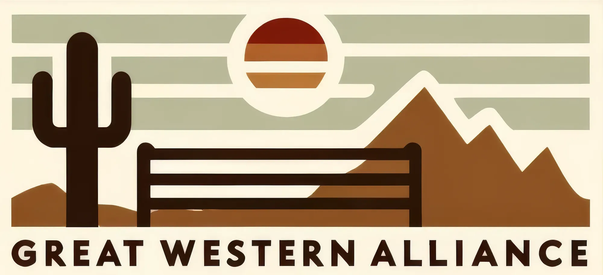 Great Western Alliance logo featuring a saguaro cactus, wooden fence, desert mountains, and sun in geometric art deco style.