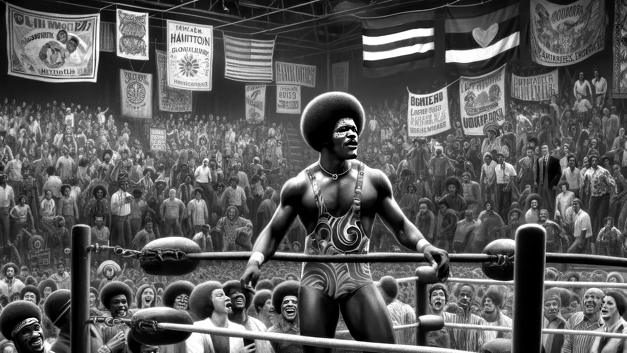 Harlem Hurricane stands in a wrestling ring wearing a patterned outfit and large afro, facing a packed arena crowd in this black and white illustration.