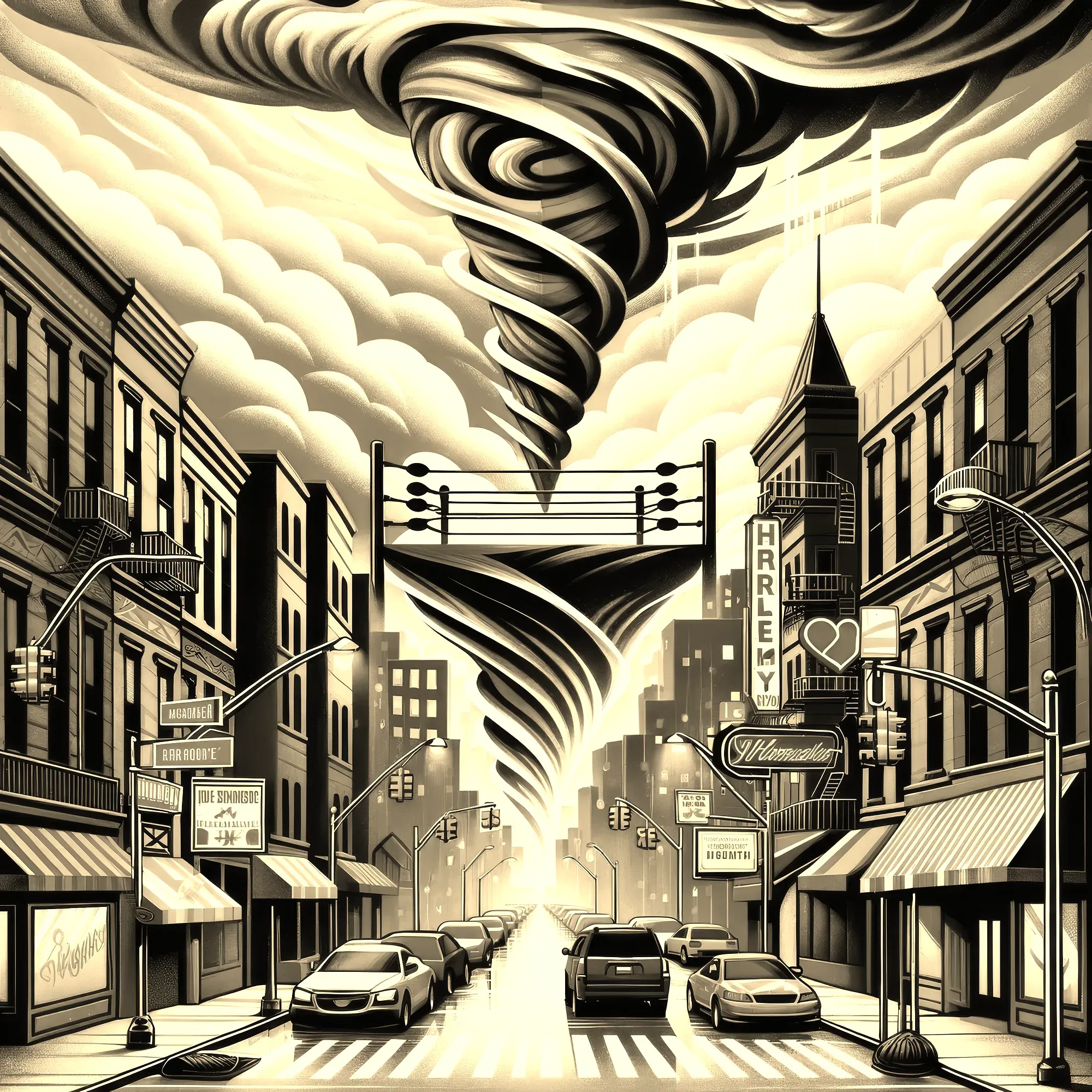 Stylized Art Deco illustration of a tornado descending over a 1950s city street lined with vintage cars and neon signs.