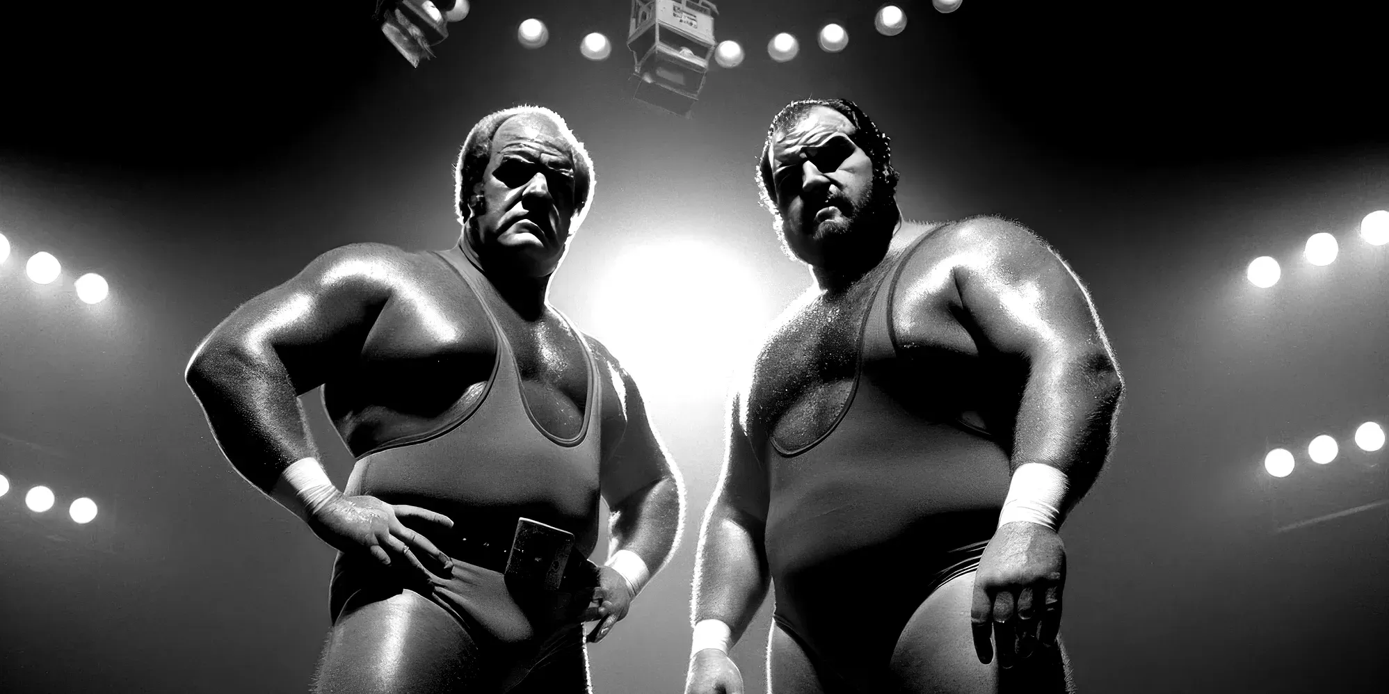Steel Hammer Hank Roberts and Ironside Ivan Gregorovich stand back-to-back in a wrestling ring under stage lights, wearing sunglasses and wrestling attire with wrist tape.