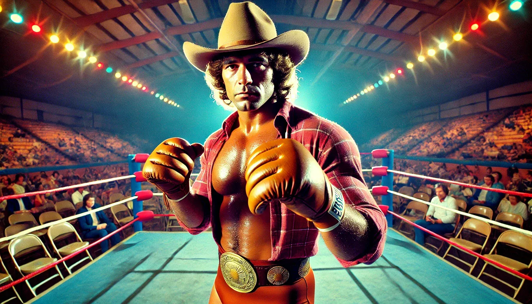 "Sunrise" Sam Dakota in cowboy hat and red shirt with gold boxing gloves stands in a lit wrestling ring, wearing a championship belt.