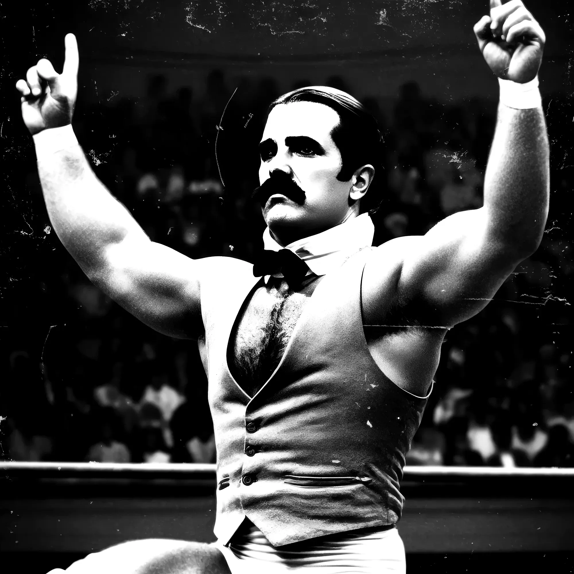 James Montgomery in formal wrestling attire with bow tie, arms raised in victory pose, black and white photograph.