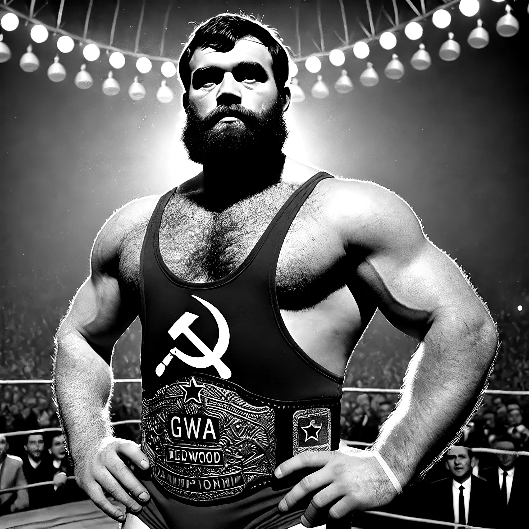 Bearded wrestler in Soviet-themed singlet and GWA championship belt stands in boxing ring under stage lights.