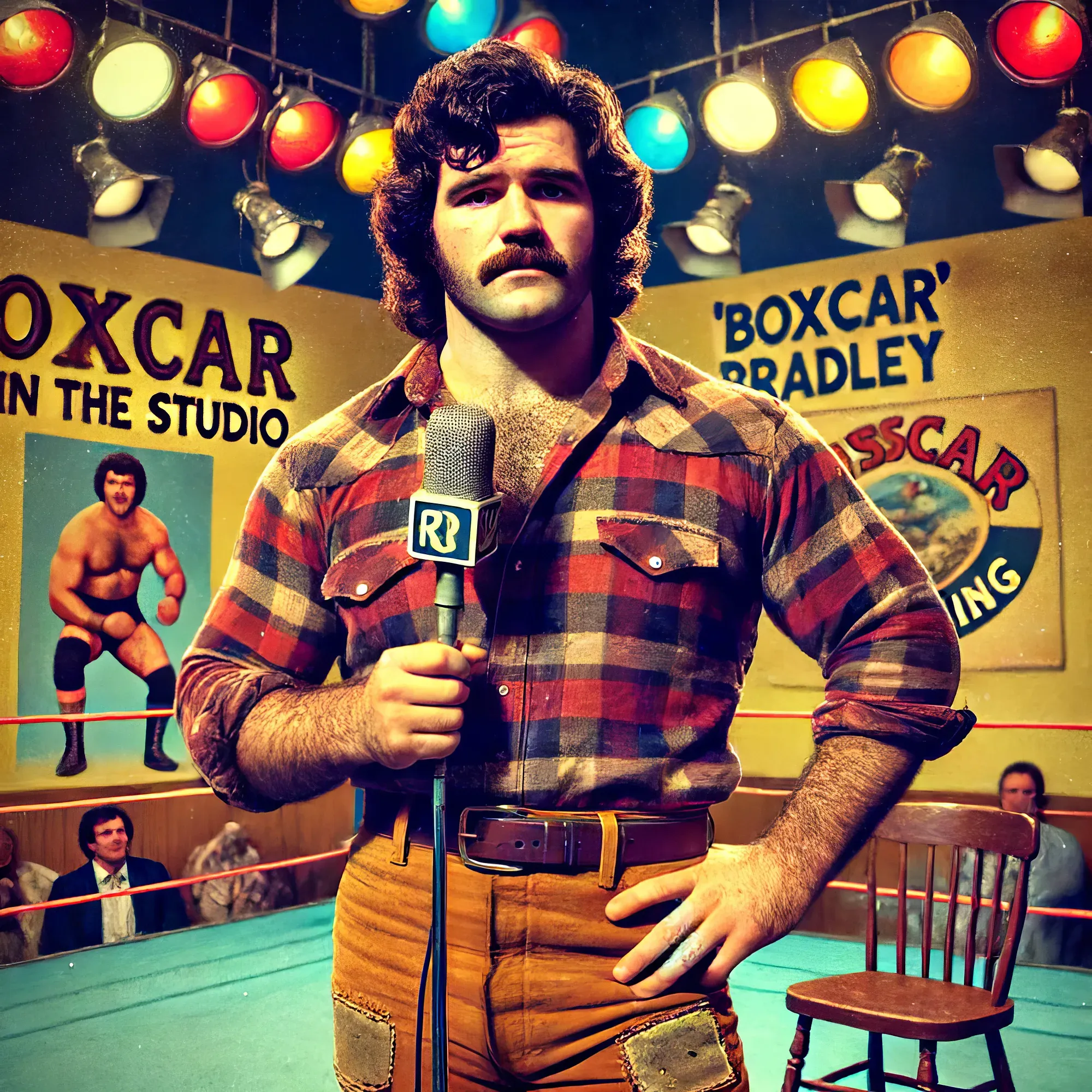 Boxcar Bradley holds a microphone in a plaid shirt in a 1970s wrestling studio set with colorful stage lights overhead.
