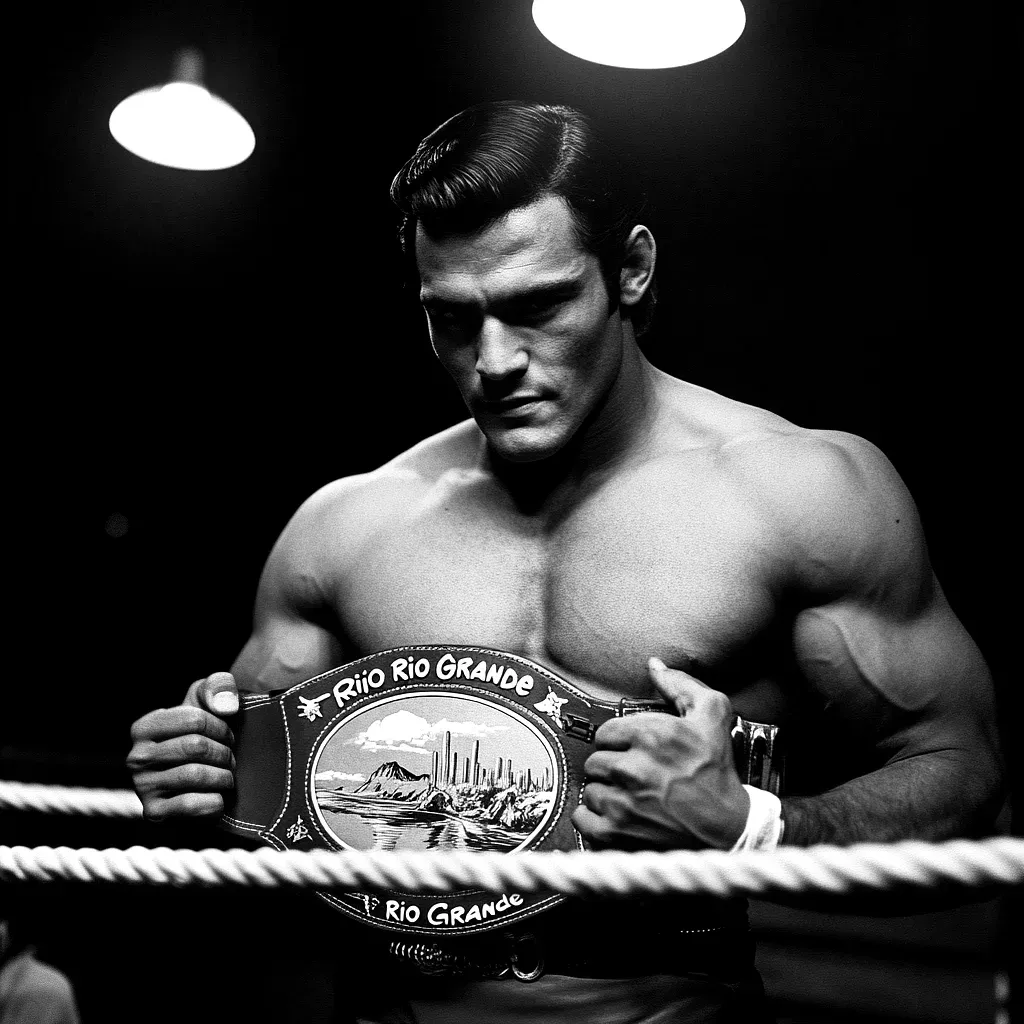 Muscular wrestler in ring holding Rio Grande championship belt, black and white photo, overhead ring lights visible.