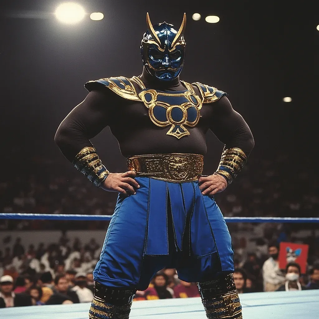 Shogun Hideaki stands in wrestling ring wearing blue and gold costume with ornate mask, gold necklace and belt, hands on hips.