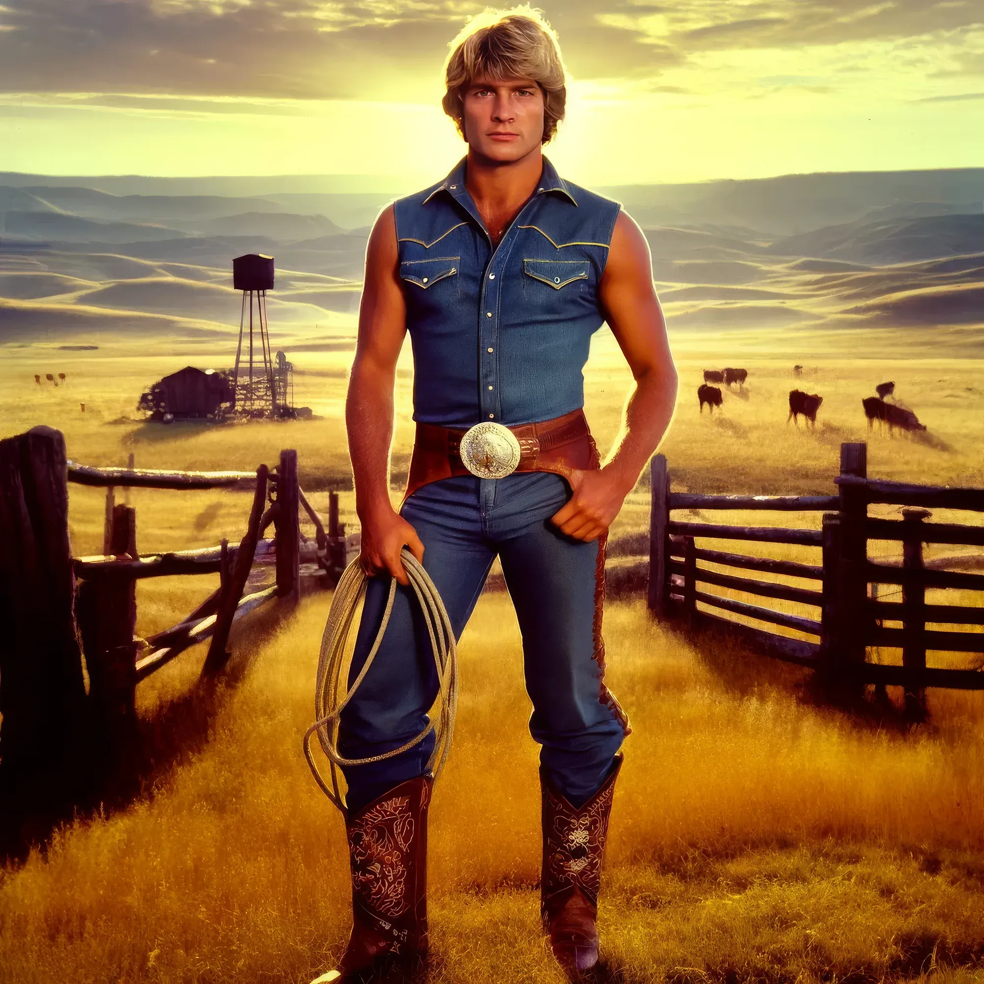 "Big Sky" Billy Thompson stands in denim vest and cowboy boots holding a lasso on his family ranch, golden fields and cattle visible behind him.