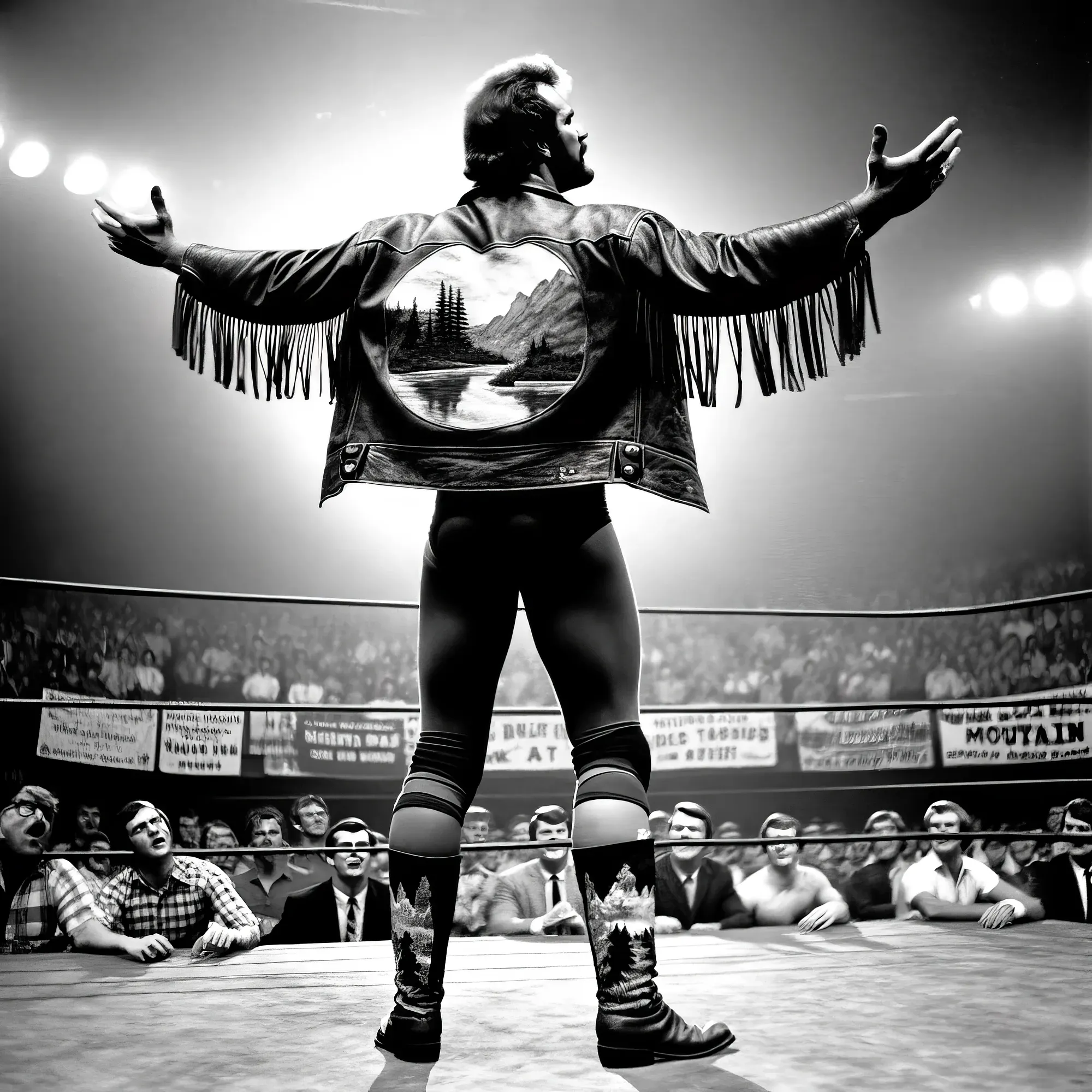 "Mountain Man" Mark Jensen stands in a wrestling ring with arms spread wide, wearing a fringed leather jacket with a mountain lake landscape on the back, facing a crowd of spectators.