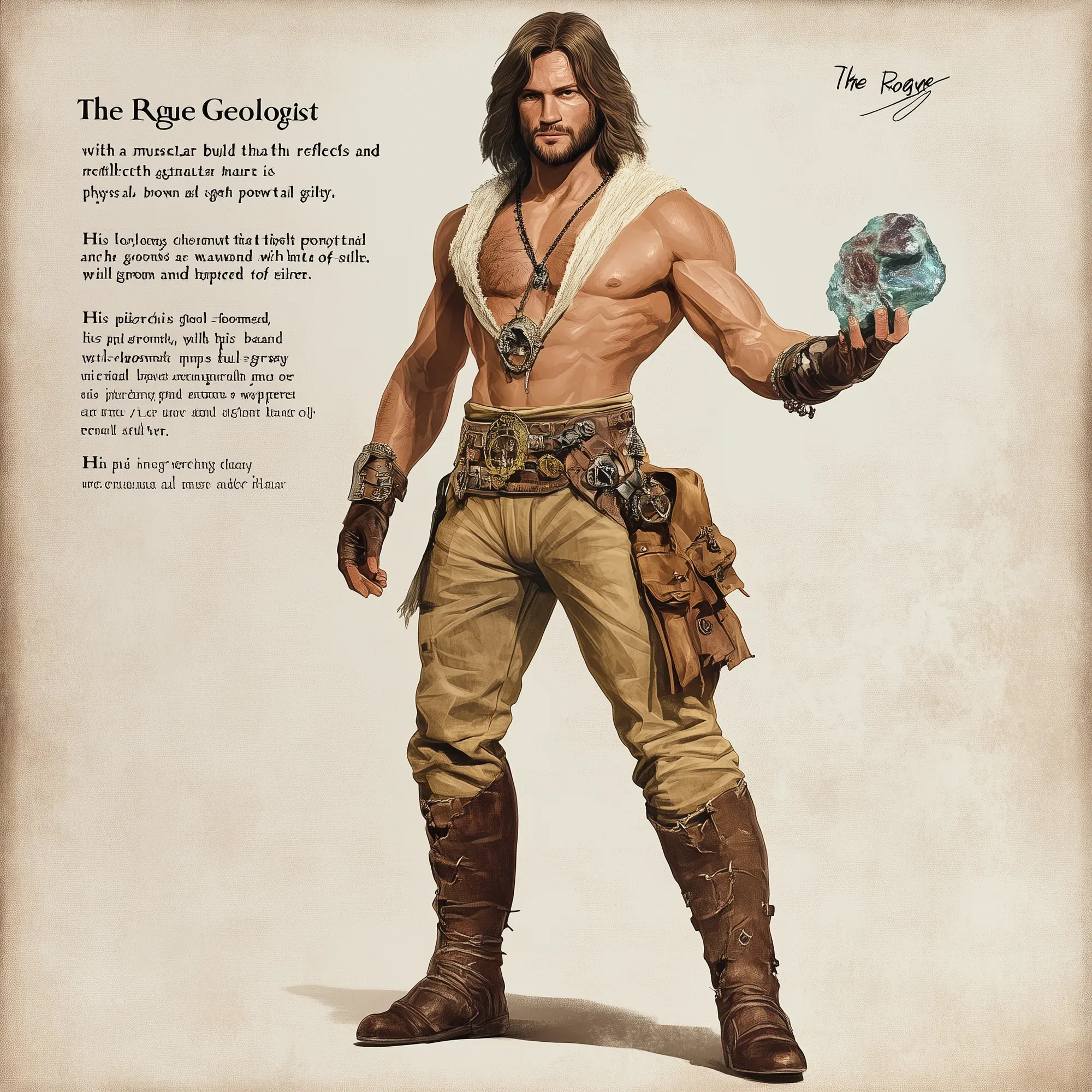 Dr. Geode, a muscular wrestler with long brown hair and beard, holds a mineral specimen while wearing tan pants, brown boots, and a decorative belt against a beige background.