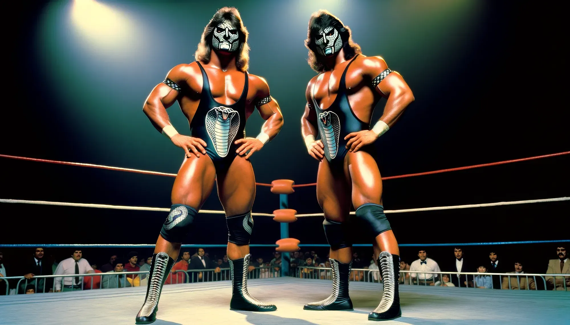 Two masked wrestlers with face paint stand in a wrestling ring wearing black and orange snake-themed singlets with chest emblems and boots.
