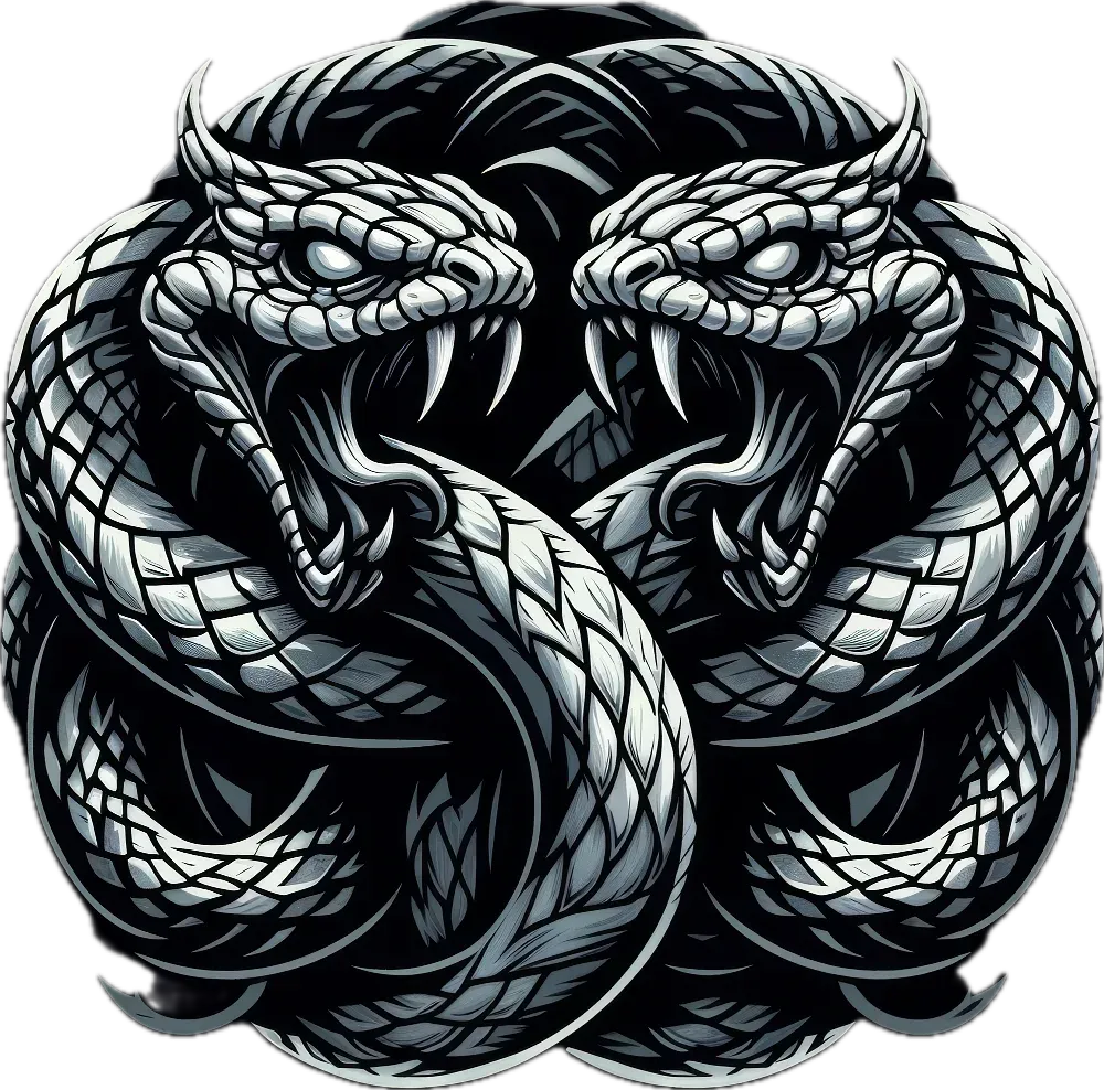 Two-headed serpent creature with scaled body, fangs, and coiled tail rendered in black and white illustration style.