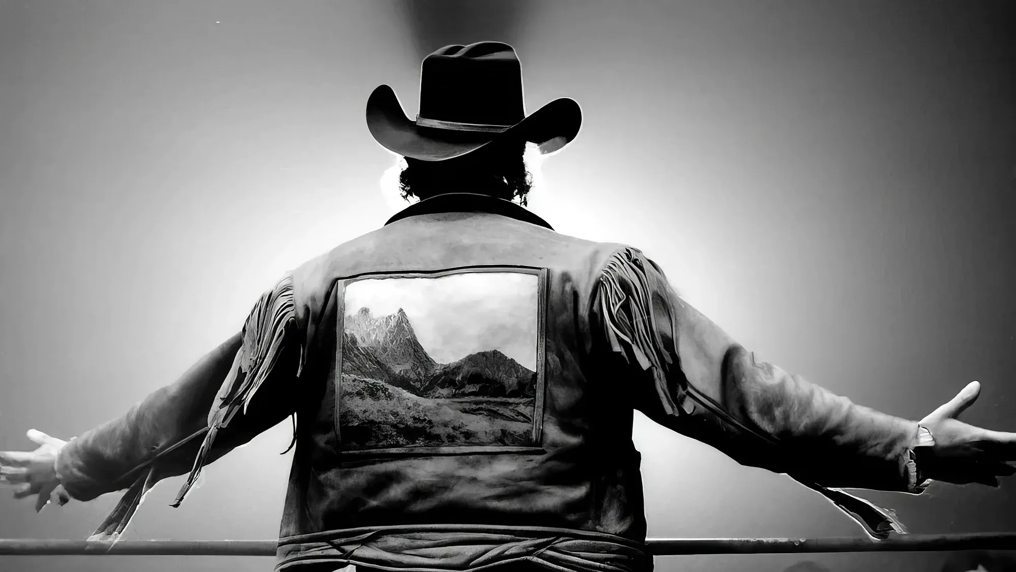 "Mountain Man" Mark Jensen in fringed jacket and cowboy hat, arms spread wide, with mountain landscape visible on his back, black and white photograph.