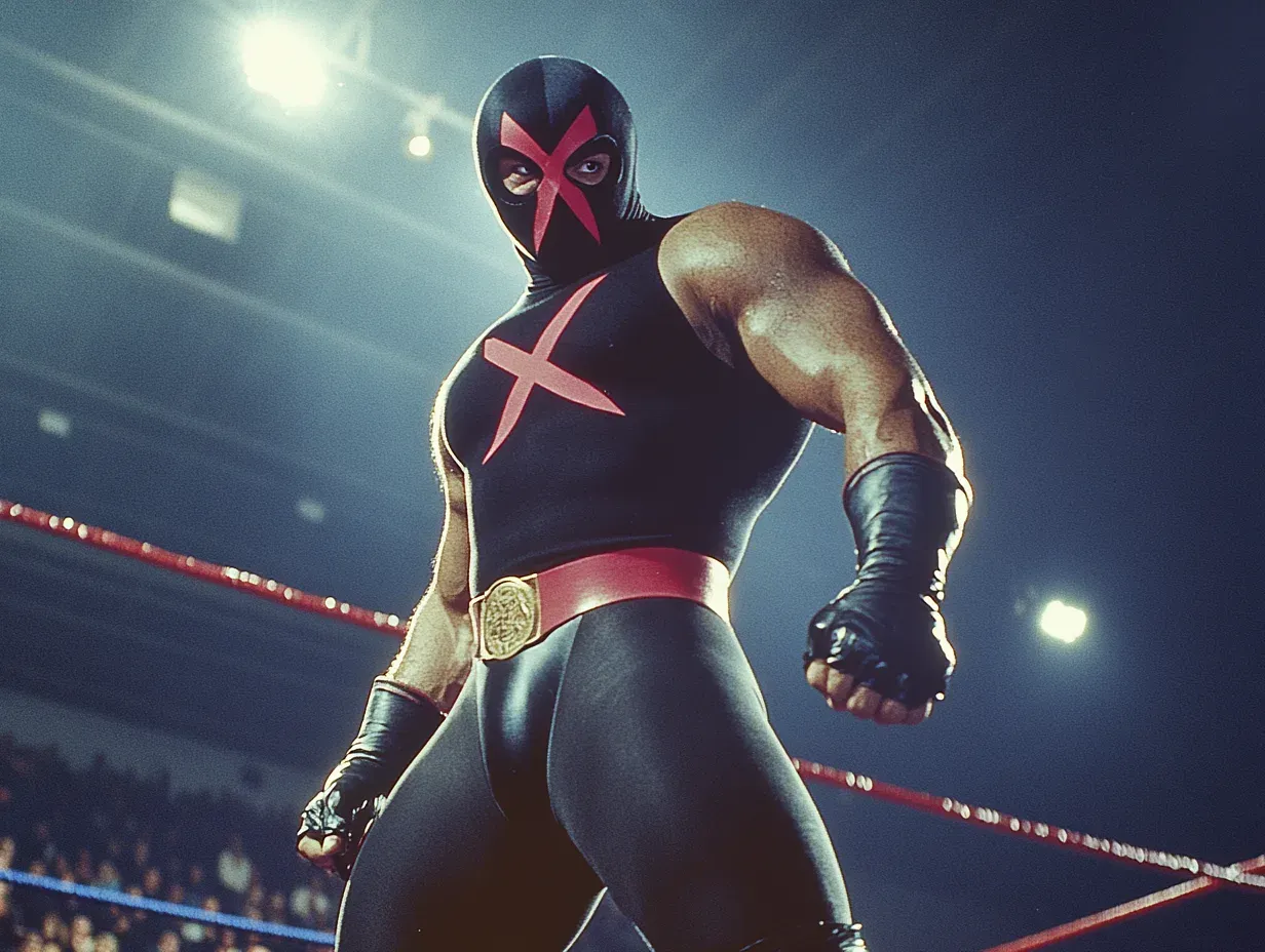 Luchador X stands in a wrestling ring wearing a black mask with pink X markings, black and tan wrestling attire, and a red belt, facing the camera with arms at sides.