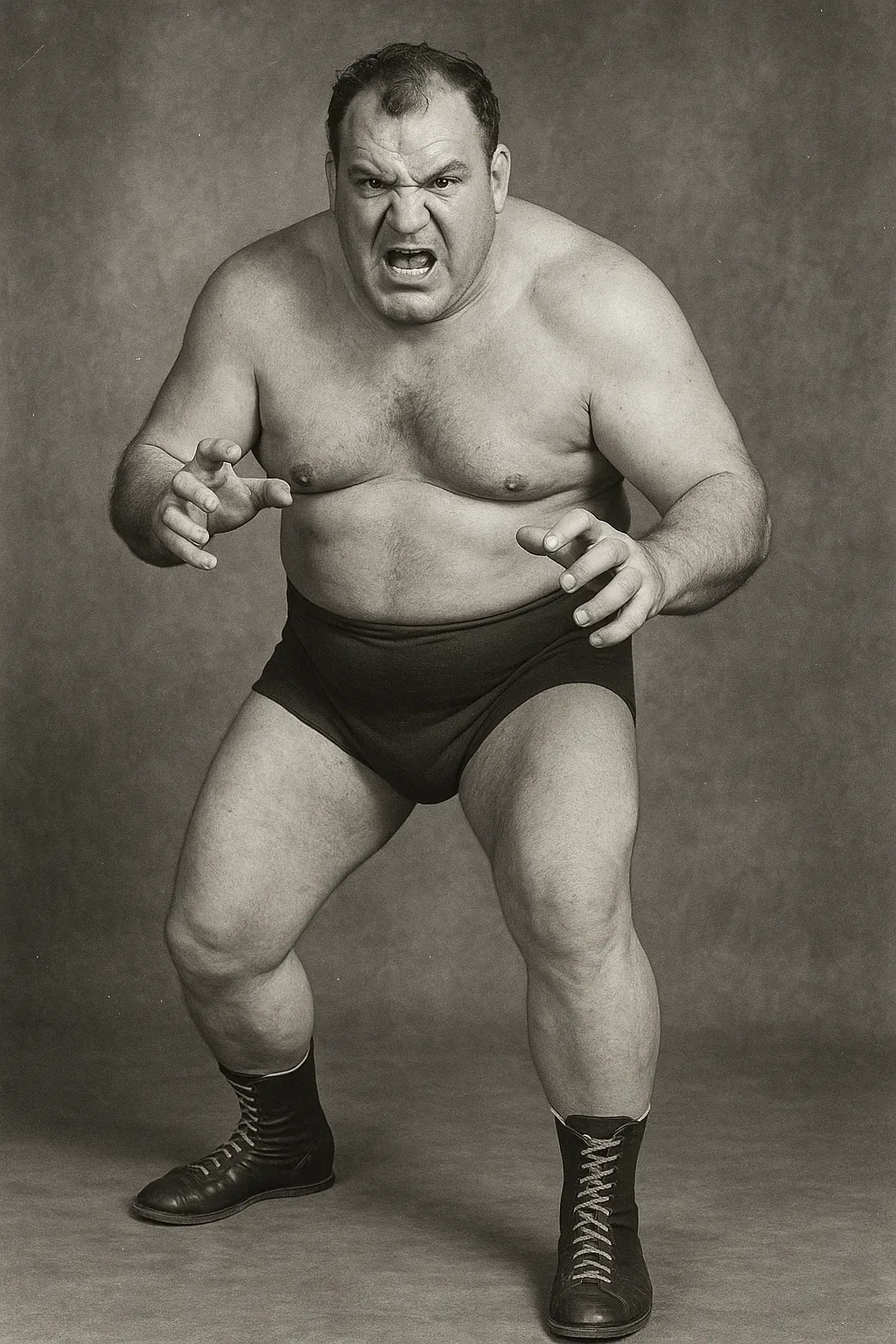 "Big Pete" Kosinski in wrestling stance, shirtless with dark shorts and lace-up boots, against neutral backdrop.