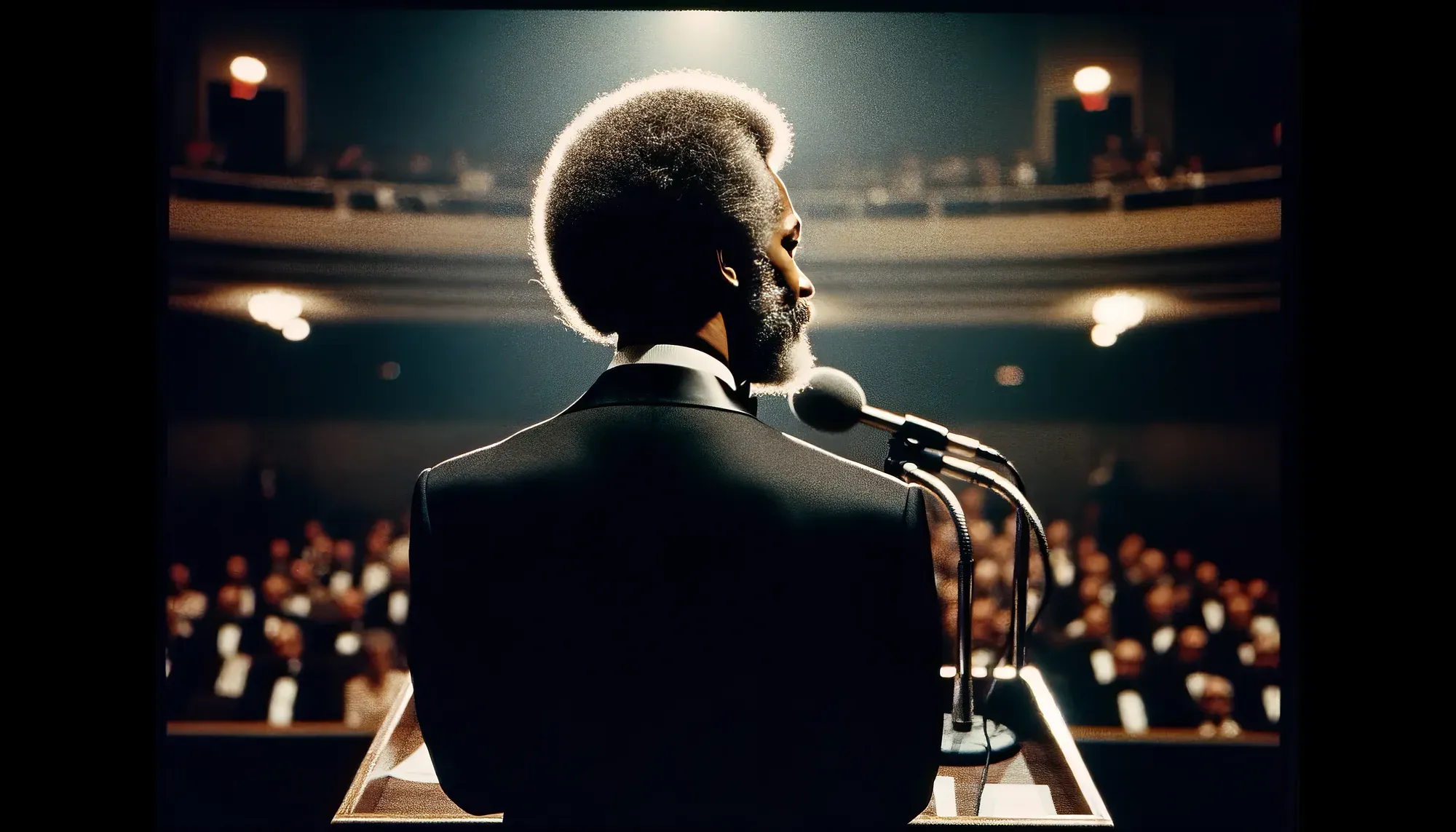 Harold Langston stands at a microphone facing a large auditorium crowd, wearing a dark suit jacket, shown in profile.