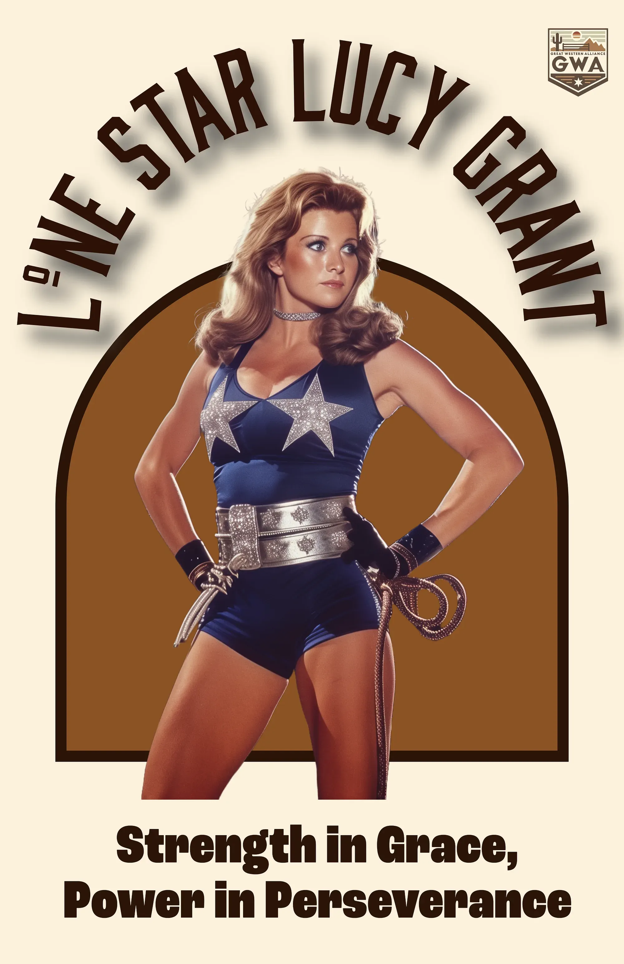 Woman in blue star-emblazoned wrestling outfit with silver belt and lasso, posed against brown background with confident expression.