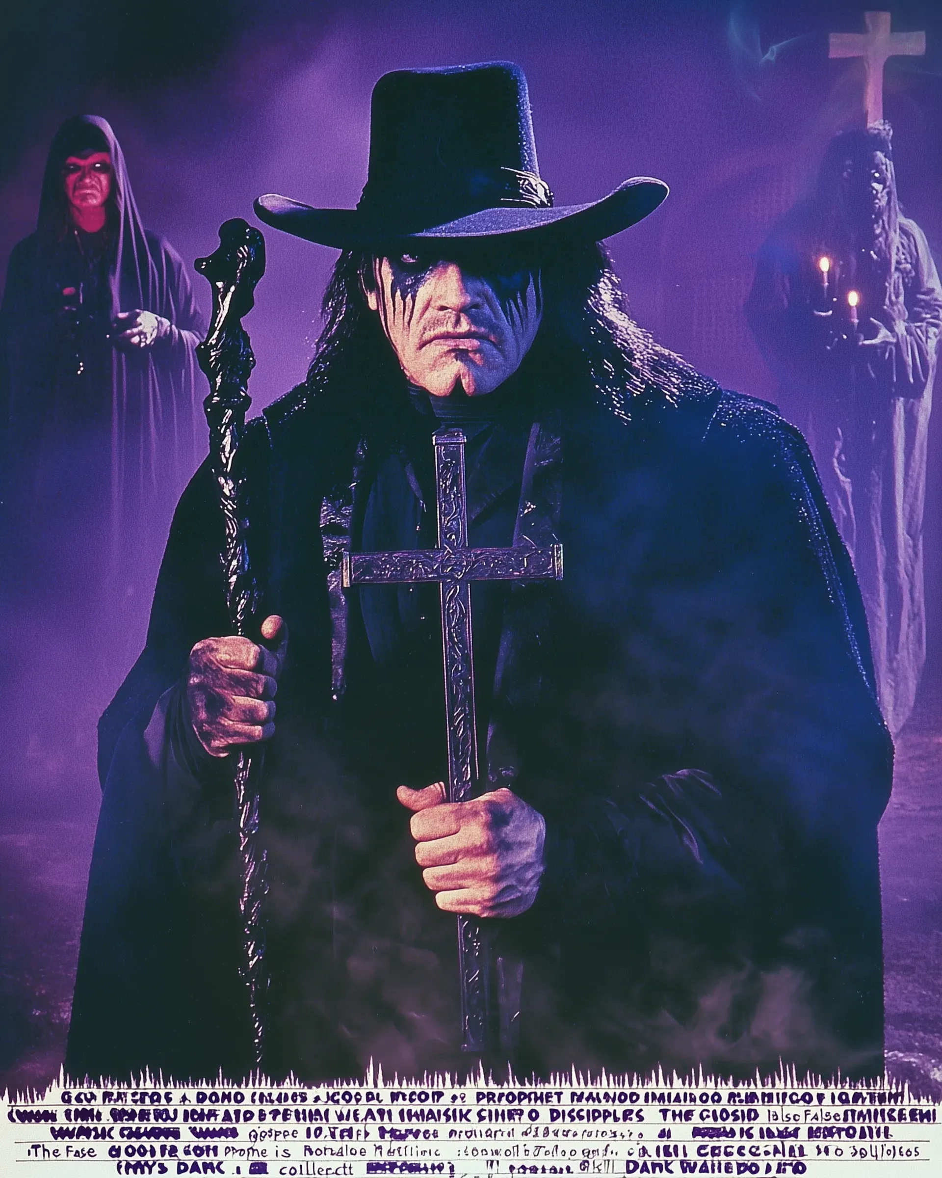 Wrestler in black cowboy hat and dark cape holds ornate cross staff, standing before purple-lit gothic backdrop with robed figures and crosses.