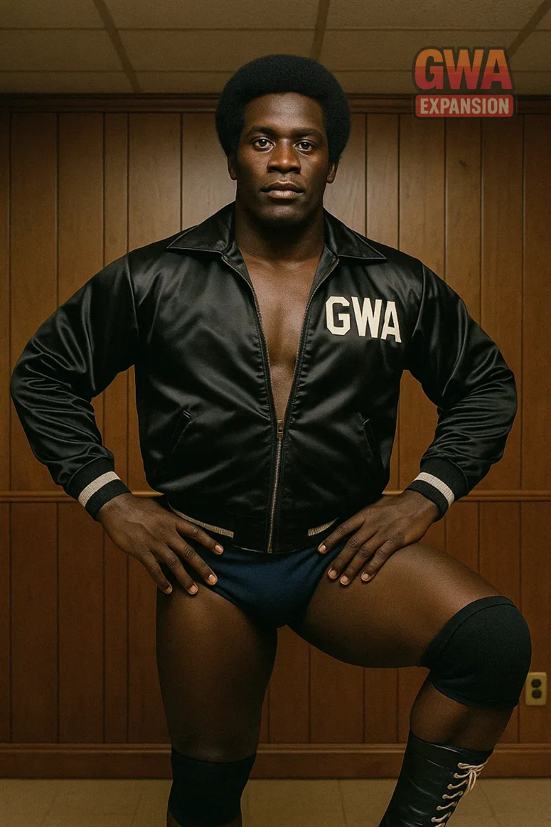 Ray Robinson stands in a wrestling pose wearing a black GWA jacket and black boots against a wood-paneled backdrop.
