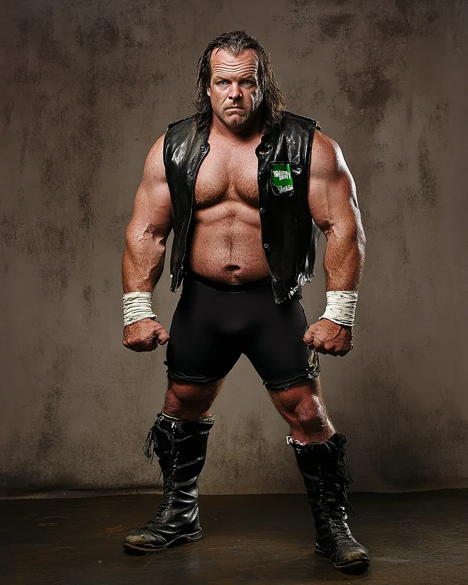 Mick Murphy stands in wrestling stance wearing black leather vest, black shorts, white wrist tape, and black boots against textured gray background.