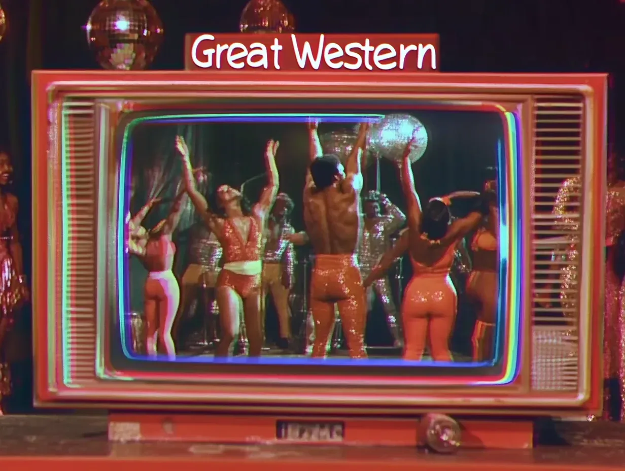 Retro neon-framed television set displaying dancers in sequined costumes performing on a stage with a disco ball.